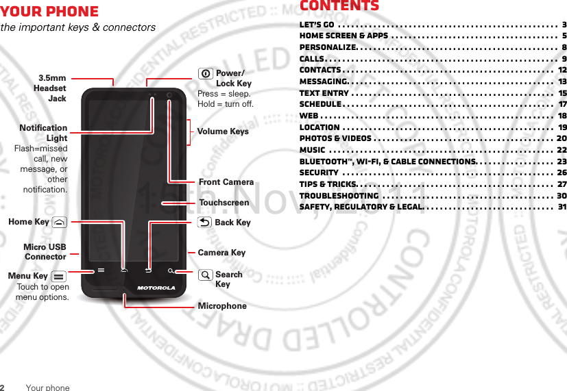 2Your phoneYour phonethe important keys &amp; connectorsPress = sleep.Hold = turn off.3.5mm HeadsetJackBack KeyMenu KeyHome KeyTo u chscreenPower/Lock KeyVolume KeysTouch to open menu options.Camera KeySearch KeyMicro USB ConnectorMicrophoneFront CameraNotification LightFlash=missed call, new message, or other notification.ContentsLet’s go  . . . . . . . . . . . . . . . . . . . . . . . . . . . . . . . . . . . . . . . . . . . . . . . . . .  3Home screen &amp; apps  . . . . . . . . . . . . . . . . . . . . . . . . . . . . . . . . . . . . . .  5Personalize. . . . . . . . . . . . . . . . . . . . . . . . . . . . . . . . . . . . . . . . . . . . . .  8Calls. . . . . . . . . . . . . . . . . . . . . . . . . . . . . . . . . . . . . . . . . . . . . . . . . . . . .  9Contacts . . . . . . . . . . . . . . . . . . . . . . . . . . . . . . . . . . . . . . . . . . . . . . . .  12Messaging. . . . . . . . . . . . . . . . . . . . . . . . . . . . . . . . . . . . . . . . . . . . . . .  13Text entry . . . . . . . . . . . . . . . . . . . . . . . . . . . . . . . . . . . . . . . . . . . . . .  15Schedule . . . . . . . . . . . . . . . . . . . . . . . . . . . . . . . . . . . . . . . . . . . . . . . .   17Web . . . . . . . . . . . . . . . . . . . . . . . . . . . . . . . . . . . . . . . . . . . . . . . . . . . . .  18Location . . . . . . . . . . . . . . . . . . . . . . . . . . . . . . . . . . . . . . . . . . . . . . . .  19Photos &amp; videos . . . . . . . . . . . . . . . . . . . . . . . . . . . . . . . . . . . . . . . . . 20Music  . . . . . . . . . . . . . . . . . . . . . . . . . . . . . . . . . . . . . . . . . . . . . . . . . . .  22Bluetooth™, Wi-Fi, &amp; cable connections. . . . . . . . . . . . . . . . . .  23Security  . . . . . . . . . . . . . . . . . . . . . . . . . . . . . . . . . . . . . . . . . . . . . . . .  26Tips &amp; tricks. . . . . . . . . . . . . . . . . . . . . . . . . . . . . . . . . . . . . . . . . . . . .  27Troubleshooting  . . . . . . . . . . . . . . . . . . . . . . . . . . . . . . . . . . . . . . .  30Safety, Regulatory &amp; Legal. . . . . . . . . . . . . . . . . . . . . . . . . . . . . .  3115th.Nov, 2011