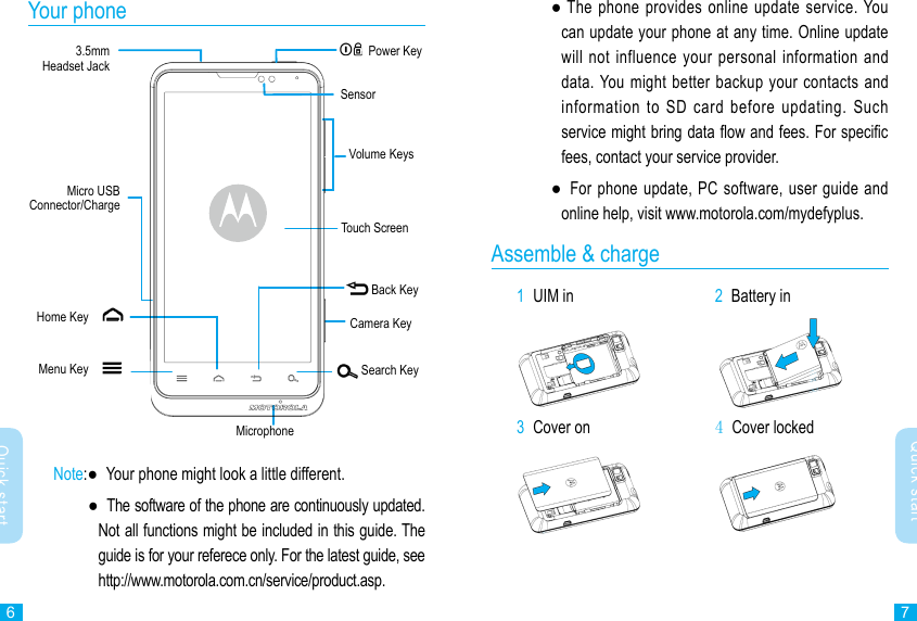 67Quick startQuick start    ●  The phone provides online update service. You can update your phone at any time. Online update will not influence your personal information and data. You  might better backup your  contacts and information  to  SD  card  before  updating.  Such service might bring data ow and fees. For specic fees, contact your service provider.    ●   For  phone update, PC  software, user guide  and online help, visit www.motorola.com/mydefyplus.Assemble &amp; charge1  UIM in             2  Battery in 3  Cover on 4 Cover locked Your phoneSensor3.5mm Headset JackPower KeyVolume KeysHome Key Touch ScreenMenu KeyBack KeyMicro USB Connector/ChargeSearch KeyMicrophoneNote: ●   Your phone might look a little different.  ●   The software of the phone are continuously updated. Not all functions might be included in this guide. The guide is for your referece only. For the latest guide, see http://www.motorola.com.cn/service/product.asp.Camera Key