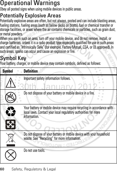 60 Safety, Regulatory &amp; LegalOperational WarningsObey all posted signs when using mobile devices in public areas.Potentially Explosive AreasPotentially explosive areas are often, but not always, posted and can include blasting areas, fueling stations, fueling areas (such as below decks on boats), fuel or chemical transfer or storage facilities, or areas where the air contains chemicals or particles, such as grain dust, or metal powders.When you are in such an area, turn off your mobile device, and do not remove, install, or charge batteries, unless it is a radio product type especially qualified for use in such areas and certified as “Intrinsically Safe” (for example, Factory Mutual, CSA, or UL approved). In such areas, sparks can occur and cause an explosion or fire.Symbol KeyYour battery, charger, or mobile device may contain symbols, defined as follows:Symbol DefinitionImportant safety information follows.Do not dispose of your battery or mobile device in a fire.Your battery or mobile device may require recycling in accordance with local laws. Contact your local regulatory authorities for more information.Do not dispose of your battery or mobile device with your household waste. See “Recycling” for more information.Do not use tools.032374o032376o032375o30th. January, 2012