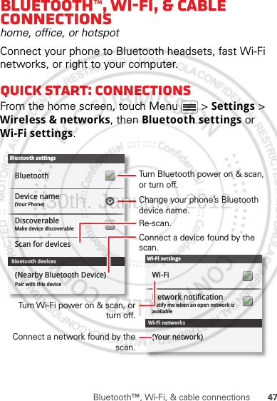 47Bluetooth™, Wi-Fi, &amp; cable connectionsBluetooth™, Wi-Fi, &amp; cable connectionshome, office, or hotspotConnect your phone to Bluetooth headsets, fast Wi-Fi networks, or right to your computer.Quick start: connectionsFrom the home screen, touch Menu  &gt; Settings &gt; Wireless &amp; networks, then Bluetooth settings or Wi-Fi settings.Wi-Fi networksWi-Fi settingsNotify me when an open network is availableNetwork notificationWi-Fi(Your network)Bluetooth devicesBluetooth settings(Your Phone)Device nameScan for devicesMake device discoverableDiscoverableBluetoothPair with this device(Nearby Bluetooth Device)Turn Bluetooth power on &amp; scan, or turn off.Change your phone’s Bluetooth device name.Turn Wi-Fi power on &amp; scan, or  turn off.Re-scan.Connect a device found by the scan.Connect a network found by the scan.30th. January, 2012