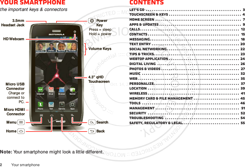 2Your smartphoneYour smartphonethe important keys &amp; connectorsNote: Your smartphone might look a little different.11:23Art uro  Rom anJP Jor dan Tat ia Tor rey Kim Von eshMar kethttp://www.Bro wserVoicem ail EmailPhon e AppsText Cam era3.5mm Headset JackHD WebcamVolume Keys4.3&quot; qHD To u chscreenPower KeyPress = sleep Hold = powerBackMenu SearchHomeMicro USB ConnectorCharge or connect to PC.Micro HDMI ConnectorContentsLet’s go  . . . . . . . . . . . . . . . . . . . . . . . . . . . . . . . . . . . . . . . . . . . . . . . . . .  3Touchscreen &amp; keys . . . . . . . . . . . . . . . . . . . . . . . . . . . . . . . . . . . . . .  4Home screen  . . . . . . . . . . . . . . . . . . . . . . . . . . . . . . . . . . . . . . . . . . . . .  7Apps &amp; updates . . . . . . . . . . . . . . . . . . . . . . . . . . . . . . . . . . . . . . . . . . .  9Calls. . . . . . . . . . . . . . . . . . . . . . . . . . . . . . . . . . . . . . . . . . . . . . . . . . . .  12Contacts . . . . . . . . . . . . . . . . . . . . . . . . . . . . . . . . . . . . . . . . . . . . . . . .   15Messaging. . . . . . . . . . . . . . . . . . . . . . . . . . . . . . . . . . . . . . . . . . . . . . .  18Text entry . . . . . . . . . . . . . . . . . . . . . . . . . . . . . . . . . . . . . . . . . . . . . . 20Social networking. . . . . . . . . . . . . . . . . . . . . . . . . . . . . . . . . . . . . . 22Tips &amp; tricks. . . . . . . . . . . . . . . . . . . . . . . . . . . . . . . . . . . . . . . . . . . . .  23Webtop application . . . . . . . . . . . . . . . . . . . . . . . . . . . . . . . . . . . . . 24Digital living  . . . . . . . . . . . . . . . . . . . . . . . . . . . . . . . . . . . . . . . . . . .  26Photos &amp; videos . . . . . . . . . . . . . . . . . . . . . . . . . . . . . . . . . . . . . . . . .  27Music  . . . . . . . . . . . . . . . . . . . . . . . . . . . . . . . . . . . . . . . . . . . . . . . . . . .  32Web . . . . . . . . . . . . . . . . . . . . . . . . . . . . . . . . . . . . . . . . . . . . . . . . . . . . .  35Personalize. . . . . . . . . . . . . . . . . . . . . . . . . . . . . . . . . . . . . . . . . . . . .  37Location . . . . . . . . . . . . . . . . . . . . . . . . . . . . . . . . . . . . . . . . . . . . . . . .  39Wireless . . . . . . . . . . . . . . . . . . . . . . . . . . . . . . . . . . . . . . . . . . . . . . . .  41Memory card &amp; file management . . . . . . . . . . . . . . . . . . . . . . . . 45Tools  . . . . . . . . . . . . . . . . . . . . . . . . . . . . . . . . . . . . . . . . . . . . . . . . . . .  46Management . . . . . . . . . . . . . . . . . . . . . . . . . . . . . . . . . . . . . . . . . . . .  51Security  . . . . . . . . . . . . . . . . . . . . . . . . . . . . . . . . . . . . . . . . . . . . . . . .  52Troubleshooting  . . . . . . . . . . . . . . . . . . . . . . . . . . . . . . . . . . . . . . . 54Safety, Regulatory &amp; Legal. . . . . . . . . . . . . . . . . . . . . . . . . . . . . .  55