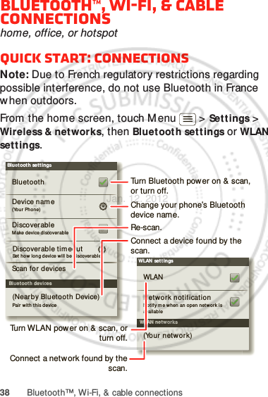 38 Bluetooth™, Wi-Fi, &amp; cable connectionsBluetooth™, Wi-Fi, &amp; cable connectionshome, office, or hotspotQuick start: connectionsNote: Due to French regulatory restrictions regarding possible interference, do not use Bluetooth in France when outdoors.From the home screen, touch M enu  &gt; Settings &gt; Wireless &amp; net works, then Bluetooth settings or WLAN settings.WLAN net worksWLAN settingsNotif y m e when an o pen n et wor k is availableNetwork notificationWLAN(Your network)Bluetooth devicesBluetooth sett ings(Your Phon e)Device nameScan for  devicesMake device discoverabl eDiscoverableBluetoothPair with t his device(Near by Bluetooth Device)Set  how  long device will b e discoverableDiscoverable tim eoutTurn Bluetooth power on &amp; scan, or turn off.Change your phone’s Bluetooth device name.Turn WLAN power on &amp; scan, or  turn off.Re-scan.Connect a device found by the scan.Connect a netw ork found by the scan.Jan. 12. 2012