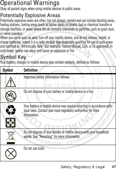 47Safety, Regulatory &amp; LegalOperational WarningsObey all posted signs when using mobile devices in public areas.Potentially Explosive AreasPotentially explosive areas are often, but not always, posted and can include blasting areas, fueling stations, fueling areas (such as below decks on boats), fuel or chemical transfer or storage facilities, or areas where the air contains chemicals or particles, such as grain dust, or metal powders.When you are in such an area, turn off your mobile device, and do not remove, install, or charge batteries, unless it is a radio product type especially qualified for use in such areas and certified as “Intrinsically Safe” (for example, Factory Mutual, CSA, or UL approved). In such areas, sparks can occur and cause an explosion or fire.Symbol KeyYour battery, charger, or mobile device may contain symbols, defined as follows:Symbol DefinitionImportant safety information follows.Do not dispose of your battery or mobile device in a fire.Your battery or mobile device may require recycling in accordance with local laws. Contact your local regulatory authorities for more information.Do not dispose of your battery or mobile device with your household waste. See “Recycling” for more information.Do not use tools.032374o032376o032375oJan. 12. 2012