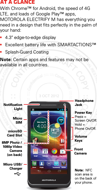 At a glanceAt a glanceWith Chrome™ for Android, the speed of 4G LTE, and loads of Google Play™ apps, MOTOROLA ELECTRIFY M has everything you need in a design that fits perfectly in the palm of your hand:•4.3&quot; edge-to-edge display•Excellent battery life with SMARTACTIONS™•Splash-Guard CoatingNote: Certain apps and features may not be available in all countries.4:00Email Calendar ChromeH 89°L 63°74°Chicago100%GoogleGoogoglelePeoplePhoneCameraText MessagiWed, Aug 15Play StoreGuide MeH 89°L 63°4°74hiCh100%icagocaagoagooooooHeadphoneJack                Volume KeysPower KeyFront Camera8MP Photo / 1080p V ideo Camera (on back)Notification LightMicro SIM microSD Card Slot Micro USB/  Charger Note:  NFC scan area ison the back ofyour phone.Press = Screen On/Off. Hold = Phone On/Off.3 OCT 2012