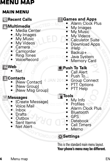 4Menu map ENMenu mapmain menuRecent CallsMultimedia• Media Center• My Images• My Music• My Videos•Camera•Camcorder•Ring Tones• VoiceRecordWeb•NetContacts• [New Contact]• [New Group]• [New Msg Group]Messages• [Create Message]•Voice Mail•Inbox•Drafts• Outbox•Sent Items•Net AlertGames and Apps•Alarm Clock Plus• My Images• My Music• My Videos• Calculator Suite• Download Apps•iHelp• Backup+• Java System•Memory CardP u s h  To  Ta l k• Call Alert• Push To...• Group Connect• PTT Options• PTT HelpTools•My Info• Profiles•Alarm Clock Plus•Bluetooth•GPS• Datebook• Call Timers•MemoSettingsThis is the standard main menu layout. Your phone’s menu may be different.WWW.4 JAN 2013