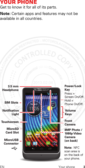 3EN Your phoneYour phoneGet to know it for all of its parts.Note: Certain apps and features may not be available in all countries.Calendar Email Chrome GoogleThu, May 1676°H 77°L  71°Miami11:353GVolume KeysPower/Lock KeyFront CameraNotification LightSIM Slots MicroSD Card Slot MicroUSB ConnectorNote:  NFC scan area ison the back ofyour phone.Press = Screen On/Off. Hold = Phone On/Off.8MP Photo / 1080p Video Camera (on back)3.5 mm HeadphoneTo u chscreen2013.02.04 FCC