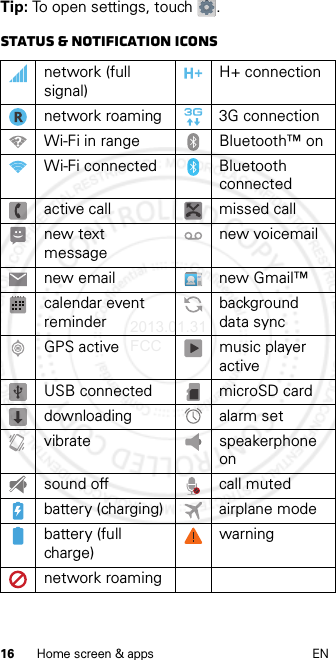 16 Home screen &amp; apps ENTip: To open settings, touch  .Status &amp; notification iconsnetwork (full signal)H+ connectionnetwork roaming 3G connectionWi-Fi in range Bluetooth™ onWi-Fi connected Bluetooth connectedactive call missed callnew text messagenew voicemailnew email new Gmail™calendar event reminderbackground data syncGPS active music player activeUSB connected microSD carddownloading alarm setvibrate speakerphone onsound off call mutedbattery (charging) airplane modebattery (full charge)warningnetwork roamingladadfqugra2013.01.31 FCC