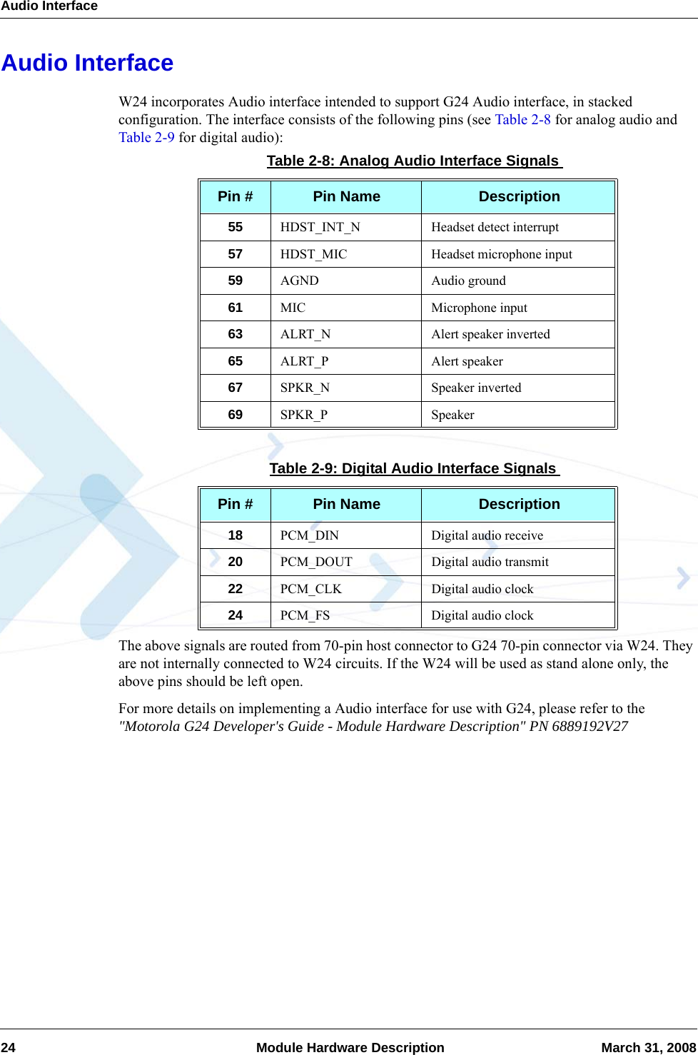 Audio Interface24  Module Hardware Description March 31, 2008Audio InterfaceW24 incorporates Audio interface intended to support G24 Audio interface, in stacked configuration. The interface consists of the following pins (see Table 2-8 for analog audio and Table 2-9 for digital audio):The above signals are routed from 70-pin host connector to G24 70-pin connector via W24. They are not internally connected to W24 circuits. If the W24 will be used as stand alone only, the above pins should be left open.For more details on implementing a Audio interface for use with G24, please refer to the &quot;Motorola G24 Developer&apos;s Guide - Module Hardware Description&quot; PN 6889192V27Table 2-8: Analog Audio Interface SignalsPin # Pin Name Description55 HDST_INT_N Headset detect interrupt57 HDST_MIC Headset microphone input59 AGND Audio ground61 MIC Microphone input63 ALRT_N Alert speaker inverted65 ALRT_P Alert speaker67 SPKR_N Speaker inverted69 SPKR_P SpeakerTable 2-9: Digital Audio Interface SignalsPin # Pin Name Description18 PCM_DIN Digital audio receive20 PCM_DOUT Digital audio transmit22 PCM_CLK Digital audio clock24 PCM_FS Digital audio clock