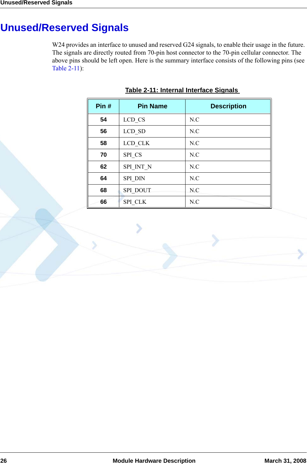 Unused/Reserved Signals26  Module Hardware Description March 31, 2008Unused/Reserved SignalsW24 provides an interface to unused and reserved G24 signals, to enable their usage in the future. The signals are directly routed from 70-pin host connector to the 70-pin cellular connector. The above pins should be left open. Here is the summary interface consists of the following pins (see Table 2-11):Table 2-11: Internal Interface SignalsPin # Pin Name Description54 LCD_CS N.C56 LCD_SD N.C58 LCD_CLK N.C70 SPI_CS N.C62 SPI_INT_N N.C64 SPI_DIN N.C68 SPI_DOUT N.C66 SPI_CLK N.C