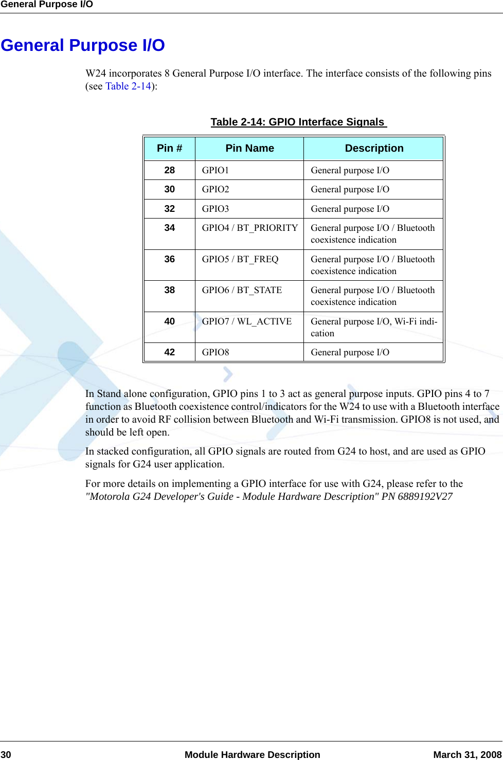 General Purpose I/O30  Module Hardware Description March 31, 2008General Purpose I/OW24 incorporates 8 General Purpose I/O interface. The interface consists of the following pins (see Table 2-14):In Stand alone configuration, GPIO pins 1 to 3 act as general purpose inputs. GPIO pins 4 to 7 function as Bluetooth coexistence control/indicators for the W24 to use with a Bluetooth interface in order to avoid RF collision between Bluetooth and Wi-Fi transmission. GPIO8 is not used, and should be left open.In stacked configuration, all GPIO signals are routed from G24 to host, and are used as GPIO signals for G24 user application.For more details on implementing a GPIO interface for use with G24, please refer to the &quot;Motorola G24 Developer&apos;s Guide - Module Hardware Description&quot; PN 6889192V27Table 2-14: GPIO Interface SignalsPin # Pin Name Description28 GPIO1 General purpose I/O30 GPIO2 General purpose I/O32 GPIO3 General purpose I/O34 GPIO4 / BT_PRIORITY General purpose I/O / Bluetooth coexistence indication36 GPIO5 / BT_FREQ General purpose I/O / Bluetooth coexistence indication38 GPIO6 / BT_STATE General purpose I/O / Bluetooth coexistence indication40 GPIO7 / WL_ACTIVE General purpose I/O, Wi-Fi indi-cation42 GPIO8 General purpose I/O