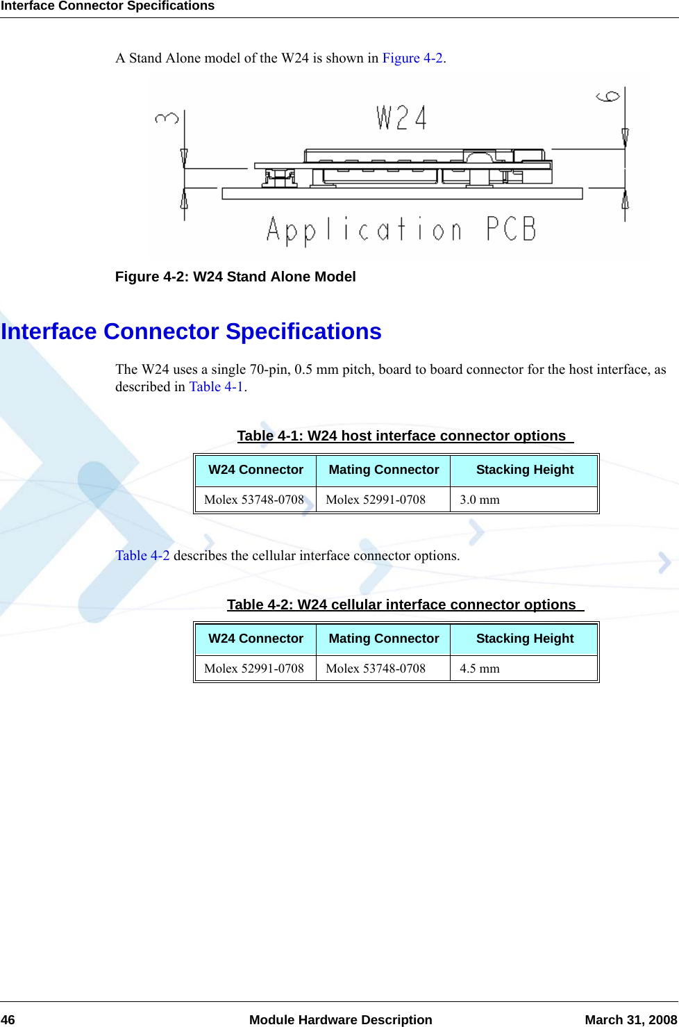 Interface Connector Specifications46  Module Hardware Description March 31, 2008A Stand Alone model of the W24 is shown in Figure 4-2.Figure 4-2: W24 Stand Alone ModelInterface Connector SpecificationsThe W24 uses a single 70-pin, 0.5 mm pitch, board to board connector for the host interface, as described in Table 4-1.Table 4-2 describes the cellular interface connector options.Table 4-1: W24 host interface connector options W24 Connector Mating Connector Stacking HeightMolex 53748-0708 Molex 52991-0708 3.0 mmTable 4-2: W24 cellular interface connector options W24 Connector Mating Connector Stacking HeightMolex 52991-0708 Molex 53748-0708 4.5 mm