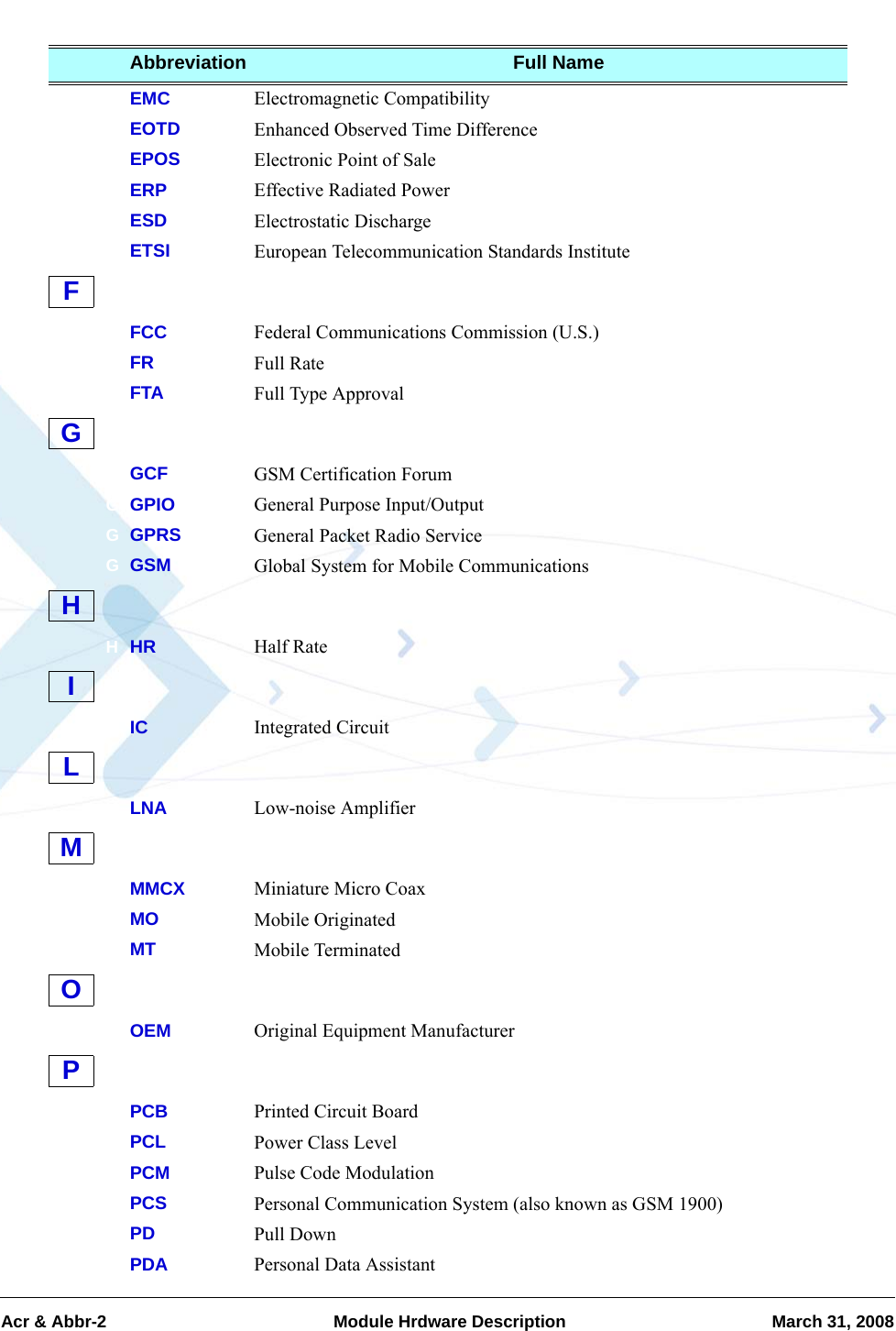 Acr &amp; Abbr-2  Module Hrdware Description March 31, 2008EEMC Electromagnetic CompatibilityEEOTD Enhanced Observed Time DifferenceEEPOS Electronic Point of SaleEERP Effective Radiated PowerEESD Electrostatic DischargeEETSI European Telecommunication Standards InstituteFFCC Federal Communications Commission (U.S.)FFR Full RateFFTA Full Type ApprovalGGCF GSM Certification ForumGGPIO General Purpose Input/OutputGGPRS General Packet Radio ServiceGGSM Global System for Mobile CommunicationsHHR Half RateIIC Integrated CircuitLLNA Low-noise AmplifierMMMCX Miniature Micro CoaxMMO Mobile OriginatedMMT Mobile TerminatedOOEM Original Equipment ManufacturerPPCB Printed Circuit BoardPPCL Power Class LevelPPCM Pulse Code ModulationPPCS Personal Communication System (also known as GSM 1900)PPD Pull DownPPDA Personal Data AssistantAbbreviation Full NameFGHILMOP