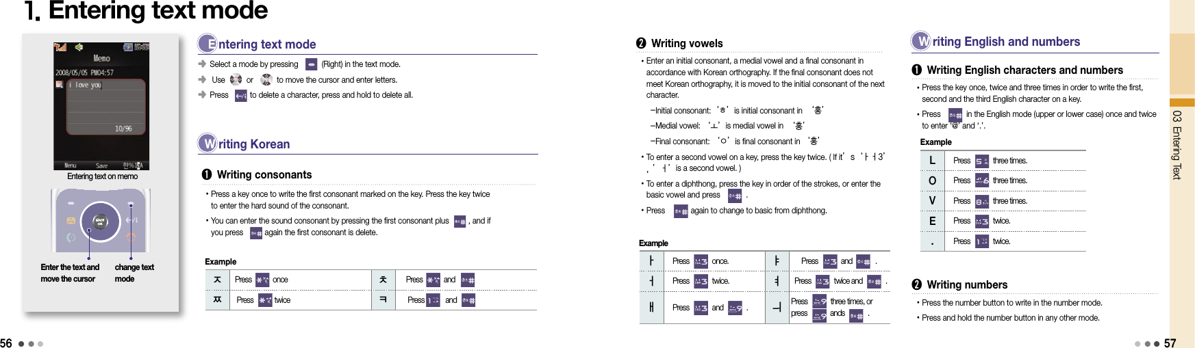 5603 Entering Text1. Entering text modechange text modeEntering text on memo E  ntering text mode➊  Writing consonants󰥺 Select a mode by pressing           (Right) in the text mode.󰥺  Use          or           to move the cursor and enter letters.󰥺 Press          to delete a character, press and hold to delete all.• Press a key once to write the first consonant marked on the key. Press the key twice to enter the hard sound of the consonant.• You can enter the sound consonant by pressing the first consonant plus         , and if you press          again the first consonant is delete.W  riting KoreanEnter the text and move the cursor ㅈ  Press            once ㅊ   Press            and ㅉ  Press            twice ㅋ   Press            andExample ㅏ  Press             once.     ㅑ   Press             and             .  ㅓ  Press             twice.    ㅕ Press             twice and             .  ㅐ  Press             and             .    ㅢPress             three times, or press             ands             .  Example W riting English and numbers➋  Writing vowels• Enter an initial consonant, a medial vowel and a final consonant in accordance with Korean orthography. If the final consonant does not meet Korean orthography, it is moved to the initial consonant of the next character.   -Initial consonant:‘ㅎ’is initial consonant in ‘홍’   -Medial vowel: ‘ㅗ’is medial vowel in ‘홍’   -Final consonant: ‘ㅇ’is final consonant in ‘홍’• To enter a second vowel on a key, press the key twice. ( If it’s‘ㅏㅓ3’, ’ㅓ’is a second vowel. ) • To enter a diphthong, press the key in order of the strokes, or enter the basic vowel and press            .• Press            again to change to basic from diphthong.➊  Writing English characters and numbers• Press the key once, twice and three times in order to write the first, second and the third English character on a key.• Press            in the English mode (upper or lower case) once and twice  to enter ‘@’ and ‘.’.L  Press             three times.  O  Press             three times.  V  Press             three times.  E  Press             twice.  .  Press             twice.  ➋  Writing numbers• Press the number button to write in the number mode.• Press and hold the number button in any other mode.Example57