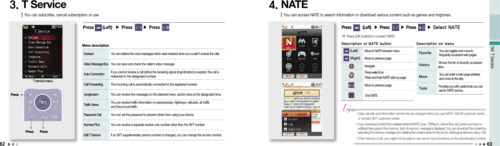 6204 T Service3. T ServiceT service menuPress      (Left)  ▶ Press       ▶ Press Sorisam  You can retrieve the voice messages which were received when you couldn’t answer the calls. Video Message Box  You can save and check the caller’s video message. Auto Connection   If you cannot receive a call before the receiving signal (ring/vibration) is expired, the call is redirected to the designated number. Call Forwarding  The incoming call is automatically connected to the registered number. Jungbosam  You can receive the messages on the selected news, sports news at the designated time. Traffic News   You can receive traffic information on expressways, highways, railroads, air traffic  and Seoul local traffic. Password Call  You can set the password to prevent others from using your phone. Number Plus  You can receive a separate receive-only number other than the SKT number. Edit T Service  If an SKT supplementary service number is changed, you can change the access number.Menu descriptionYou can subscribe, cancel subscription or use PressPress Press4. NATEYou can access NATE to search information or download various content such as games and ringtones.Press        (Left)  ▶ Press        ▶ Press        ▶ Select NATE󰥺  Press [OK button] to connect NATE.• Data call rate and information service fee are charged when you use NATE. Visit M customer center or contact SKT customer center.• If you download content from wireless internet (NATE, june, ⓜPlayon, Game Box, etc.) when you have no sufficient free space in the memory, ‘lack of memory’ message is displayed. You can download the content by executing the memory manager and deleting the content stored in the phone. (Managing Memory, see p.126)• If the memory is full, you might not be able to use some munu functions on the downloaded content.Note      (Left)  Move to NATE browser menu      (Right)  Move to previous page Navigate  Press-select/run Press and hold-NATE start up page Move to previous page End NATE Favorite   You can register and move to frequently accessed web pages. History  Shows the list of recently accessed sites. Move   You can enter a web page address and move to the site. Tools   Provides you with useful tools you can use for NATE service.Description of NATE button Description on menu63