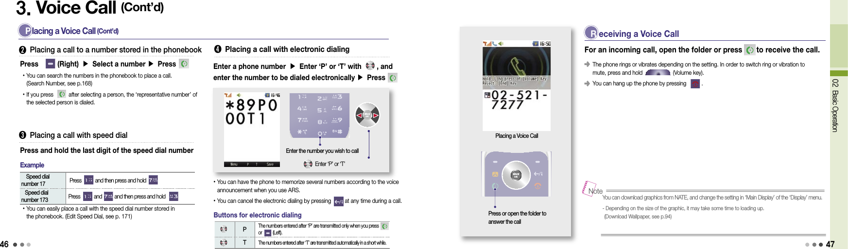 4602 Basic Operation3. Voice Call (Cont’d) P lacing a Voice Call (Cont’d)➋  Placing a call to a number stored in the phonebookPress          (Right) ▶ Select a number ▶ Press• You can search the numbers in the phonebook to place a call. (Search Number, see p.168)• If you press          after selecting a person, the ‘representative number’ of the selected person is dialed.➌  Placing a call with speed dialPress and hold the last digit of the speed dial number• You can easily place a call with the speed dial number stored in the phonebook. (Edit Speed Dial, see p. 171)  Speed dial number 17  Press           and then press and hold  Speed dial number 173  Press           and          and then press and holdExample➍ Placing a call with electronic dialing• You can have the phone to memorize several numbers according to the voice announcement when you use ARS.• You can cancel the electronic dialing by pressing         at any time during a call.Enter the number you wish to callEnter ‘P’ or ‘T’ Enter a phone number ▶ Enter ‘P’ or ‘T’ with        , and enter the number to be dialed electronically ▶ PressP  The numbers entered after ‘P’ are transmitted only when you press      or          (Left).T The numbers entered after ‘T’ are transmitted automatically in a short while.Buttons for electronic dialingPlacing a Voice Call R eceiving a Voice CallFor an incoming call, open the folder or press       to receive the call.󰥺  The phone rings or vibrates depending on the setting. In order to switch ring or vibration to mute, press and hold                    (Volume key).󰥺  You can hang up the phone by pressing          .You can download graphics from NATE, and change the setting in ‘Main Display’ of the ‘Display’ menu.-  Depending on the size of the graphic, it may take some time to loading up. (Download Wallpaper, see p.94)NotePress or open the folder to answer the call47