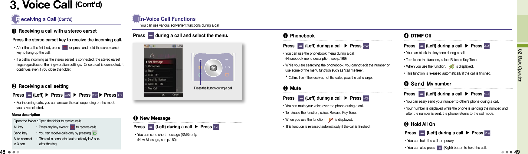 4802 Basic Operation3. Voice Call (Cont’d) R eceiving a Call (Cont’d) ➊  Receiving a call with a stereo earsetPress the stereo earset key to receive the incoming call.• After the call is finished, press          or press and hold the sereo earset key to hang up the call.• If a call is incoming as the stereo earset is connected, the stereo earset rings regardless of the ring/vibration settings.  Once a call is connected, it continues even if you close the folder.➋ Receiving a call settingPress      (Left) ▶ Press      ▶ Press     ▶ Press           • For incoming calls, you can answer the call depending on the mode  you have selected.Open the folder : Open the folder to receive calls.All key   :  Press any key except         to receive callsSend key   :  You can receive calls only by pressing Auto connect    :  in 3 sec.    Menu description I n-Voice Call Functions➊ New MessagePress the button during a callYou can use various eonvenient functions during a callPress         (Left) during a call ▶ Press• You can send short message (SMS) only. (New Message, see p.160)Press        during a call and select the menu. ➋  PhonebookPress         (Left) during a call ▶ Press• You can use the phonebook menu during a call. (Phonebook menu description, see p.169)• While you are searching the phonebook, you cannot edit the number or use some of the menu function such as ‘call me free’.* Call me free -  The receiver, not the caller, pays the call charge.➌  MutePress         (Left) during a call ▶ Press• You can mute your voice over the phone during a call.• To release the function, select Release Key Tone.• When you use the function,          is displayed.• This function is released automatically if the call is finished.➍  DTMF OffPress         (Left) during a call ▶ Press • You can block the key tone during a call.• To release the function, select Release Key Tone.• When you use the function,          is displayed.• This function is released automatically if the call is finished.➎ Send My numberPress         (Left) during a call ▶ Press• You can easily send your number to other’s phone during a call.• Your number is displayed while the phone is sending the number, and after the number is sent, the phone returns to the call mode.➏  Hold All OnPress         (Left) during a call ▶ Press• You can hold the call temporary.• You can also press         (Right) button to hold the call.49The call is connected automatically in 3 sec. after the ring. 