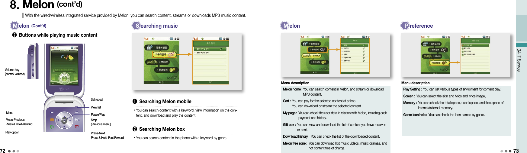 7204 T Service738. Melon (cont’d)With the wired/wireless integrated service provided by Melon, you can search content, streams or downloads MP3 music content. M  elon (Cont’d)➋  Buttons while playing music content S  earching musicMenuVolume key (control volume)Press-Previous Press &amp; Hold-RewindPlay optionSet repeatView listPause/PlayStop  (Previous menu)Press-Next Press &amp; Hold-Fast Foward➊  Searching Melon mobile• You can search content with a keyword, view information on the con-tent, and download and play the content.➋  Searching Melon box• You can search content in the phone with a keyword by genre.  M  elonMelon home :  You can search content in Melon, and stream or download MP3 content.Cart :  You can pay for the selected content at a time. You can download or stream the selected content.My page :  You can check the user data in relation with Melon, including cash payment and history.Gift box :  You can view and download the list of content you have received or sent.Download history :  You can check the list of the downloaded content.Melon free zone :  You can download hot music videos, music dramas, and hot content free of charge.Menu description  P  referencePlay Setting :  You can set various types of enviroment for content play.Screen :  You can select the skin and lyrics and lyrics image.Memory :  You can check the total space, used space, and free space of internal/external memory.Genre icon help :  You can check the icon names by genre.Menu description