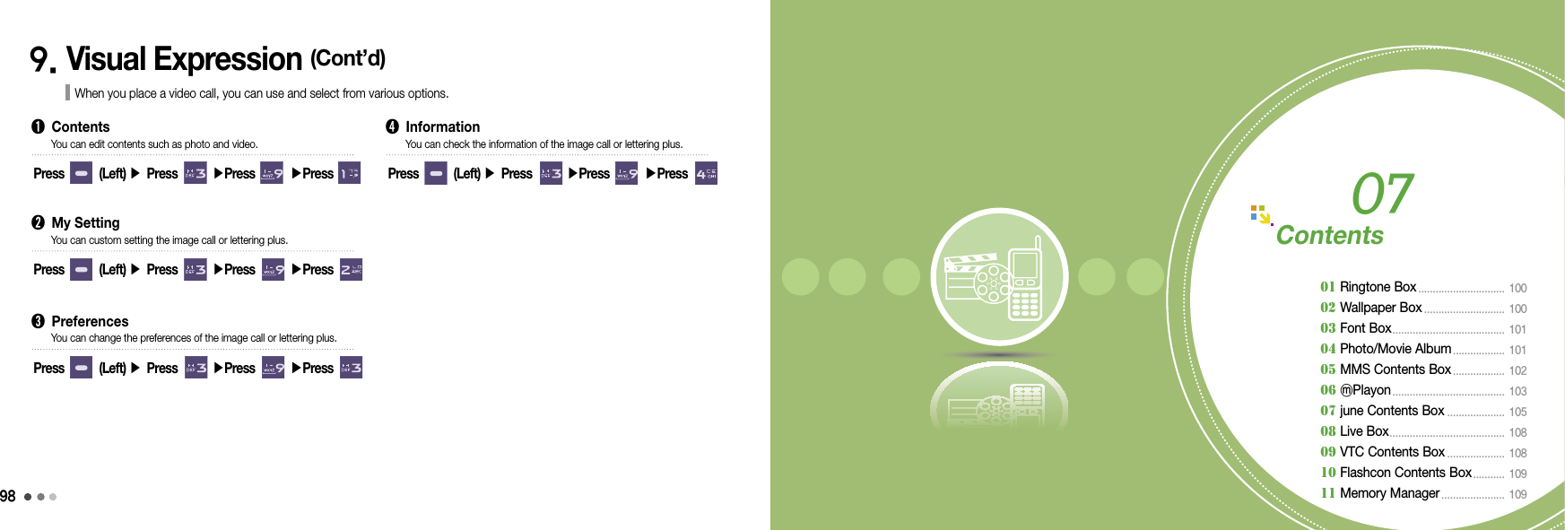98999. Visual Expression (Cont’d)When you place a video call, you can use and select from various options.➊  ContentsYou can edit contents such as photo and video.Press        (Left) ▶ Press        ▶Press        ▶Press        ➋  My SettingYou can custom setting the image call or lettering plus.Press        (Left) ▶ Press        ▶Press        ▶Press        ➌  PreferencesYou can change the preferences of the image call or lettering plus.Press        (Left) ▶ Press        ▶Press        ▶Press        ➍  InformationYou can check the information of the image call or lettering plus.Press        (Left) ▶ Press        ▶Press        ▶Press        05 소리9999Contents01 Ringtone Box ..............................  10002 Wallpaper Box ............................  10003 Font Box .......................................  10104 Photo/Movie Album ..................  101 05 MMS Contents Box ..................  102 06 ⓜPlayon .......................................  10307 june Contents Box ....................  10508 Live Box ........................................ 10809 VTC Contents Box ....................  108 10 Flashcon Contents Box ...........  10911 Memory Manager ......................  10907