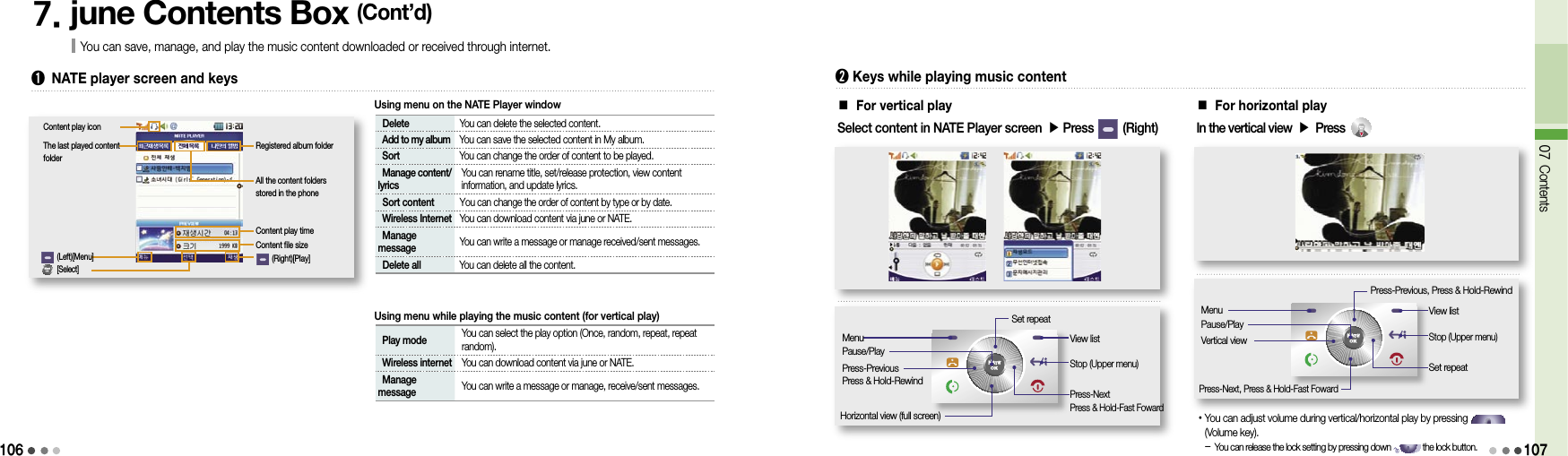 10607 Contents1077. june Contents Box (Cont’d)You can save, manage, and play the music content downloaded or received through internet.Registered album folderAll the content folders stored in the phoneContent play timeContent file size(Right)[Play]The last played content folder(Left)[Menu] Delete  You can delete the selected content. Add to my album  You can save the selected content in My album. Sort  You can change the order of content to be played. Manage content/lyrics  You can rename title, set/release protection, view content information, and update lyrics. Sort content  You can change the order of content by type or by date. Wireless Internet  You can download content via june or NATE. Manage  message  You can write a message or manage received/sent messages. Delete all  You can delete all the content.➊  NATE player screen and keysContent play icon[Select] Play mode   You can select the play option (Once, random, repeat, repeat random). Wireless internet  You can download content via june or NATE. Manage  message  You can write a message or manage, receive/sent messages.Using menu on the NATE Player windowUsing menu while playing the music content (for vertical play)■ For vertical play➋  Keys while playing music contentSelect content in NATE Player screen ▶ Press         (Right)Set repeatView listStop (Upper menu)Press-Next Press &amp; Hold-Fast FowardHorizontal view (full screen)MenuPause/PlayPress-Previous Press &amp; Hold-Rewind■ For horizontal playIn the vertical view ▶ PressPress-Previous, Press &amp; Hold-RewindView listStop (Upper menu)Set repeatPress-Next, Press &amp; Hold-Fast FowardMenuPause/PlayVertical view• You can adjust volume during vertical/horizontal play by pressing                   (Volume key). -  You can release the lock setting by pressing down               the lock button.