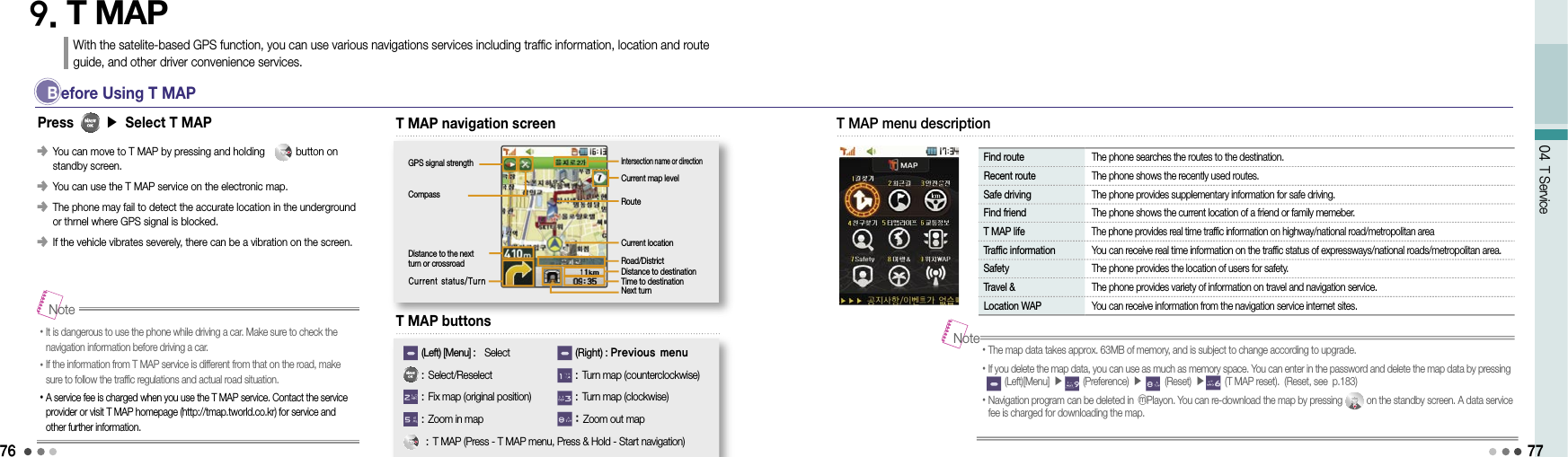 7604 T Service B  efore Using T MAP󰥺  You can move to T MAP by pressing and holding           button on  standby screen.󰥺  You can use the T MAP service on the electronic map.󰥺  The phone may fail to detect the accurate location in the underground or thrnel where GPS signal is blocked.󰥺  If the vehicle vibrates severely, there can be a vibration on the screen.9. T MAP With the satelite-based GPS function, you can use various navigations services including traffic information, location and route guide, and other driver convenience services.Press      ▶ Select T MAP T MAP navigation screen77• It is dangerous to use the phone while driving a car. Make sure to check the navigation information before driving a car.• If the information from T MAP service is different from that on the road, make sure to follow the traffic regulations and actual road situation.• A service fee is charged when you use the T MAP service. Contact the service provider or visit T MAP homepage (http://tmap.tworld.co.kr) for service and other further information.NoteIntersection name or directionCurrent map levelRouteCurrent locationRoad/DistrictDistance to destinationTime to destinationNext turnGPS signal strengthCompassDistance to the next  turn or crossroadCurrent status/TurnT MAP buttons(Left) [Menu] :  Select: Select/Reselect:  Fix map (original position): Zoom in map : T MAP (Press - T MAP menu, Press &amp; Hold - Start navigation)(Right) : Previous menu: Turn map (counterclockwise): Turn map (clockwise): Zoom out map Find route   The phone searches the routes to the destination. Recent route   The phone shows the recently used routes. Safe driving   The phone provides supplementary information for safe driving. Find friend   The phone shows the current location of a friend or family memeber. T MAP life  The phone provides real time traffic information on highway/national road/metropolitan area Traffic information   You can receive real time information on the traffic status of expressways/national roads/metropolitan area. Safety   The phone provides the location of users for safety. Travel &amp;   The phone provides variety of information on travel and navigation service. Location WAP   You can receive information from the navigation service internet sites.T MAP menu description• The map data takes approx. 63MB of memory, and is subject to change according to upgrade.• If you delete the map data, you can use as much as memory space. You can enter in the password and delete the map data by pressing                 (Left)[Menu] ▶     (Preference) ▶      (Reset) ▶     (T MAP reset).  (Reset, see  p.183)• Navigation program can be deleted in ⓜPlayon. You can re-download the map by pressing          on the standby screen. A data service fee is charged for downloading the map.Note