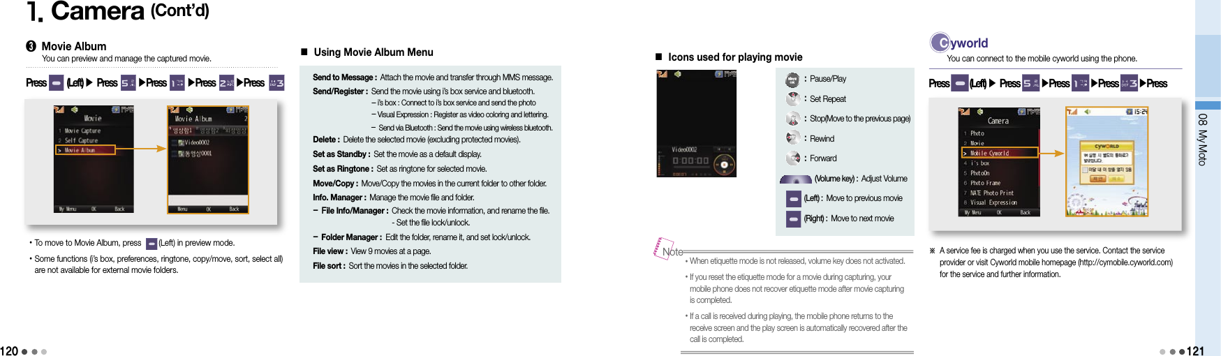 12008 My Moto1. Camera (Cont’d)➌ Movie AlbumPress        (Left) ▶ Press        ▶Press        ▶Press      ▶Press  You can preview and manage the captured movie.• To move to Movie Album, press        (Left) in preview mode.• Some functions (i’s box, preferences, ringtone, copy/move, sort, select all) are not available for external movie folders.■ Using Movie Album Menu Send to Message :  Attach the movie and transfer through MMS message.Send/Register :  Send the movie using i’s box service and bluetooth. - i’s box : Connect to i’s box service and send the photo -  Visual Expression :  Register as video coloring and lettering.  -  Send via Bluetooth : Send the movie using wireless bluetooth. Delete : Delete the selected movie (excluding protected movies).Set as Standby : Set the movie as a default display.Set as Ringtone : Set as ringtone for selected movie.Move/Copy : Move/Copy the movies in the current folder to other folder.Info. Manager : Manage the movie file and folder.- File Info/Manager :  Check the movie information, and rename the file. - Set the file lock/unlock.- Folder Manager :  Edit the folder, rename it, and set lock/unlock.File view : View 9 movies at a page.File sort : Sort the movies in the selected folder.■ Icons used for playing movie: Pause/Play: Set Repeat: Stop(Move to the previous page): Rewind: Forward   (Volume key) : Adjust Volume(Left) : Move to previous movie(Right) : Move to next movie• When etiquette mode is not released, volume key does not activated.• If you reset the etiquette mode for a movie during capturing, your  mobile phone does not recover etiquette mode after movie capturing  is completed.• If a call is received during playing, the mobile phone returns to the  receive screen and the play screen is automatically recovered after the  call is completed.Note C  yworldPress        (Left) ▶ Press        ▶Press        ▶Press      ▶Press※  A service fee is charged when you use the service. Contact the service provider or visit Cyworld mobile homepage (http://cymobile.cyworld.com) for the service and further information.You can connect to the mobile cyworld using the phone.121