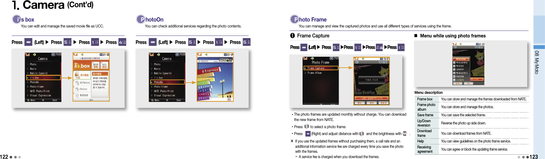 12208 My Moto  i’ s boxPress        (Left) ▶ Press       ▶ Press       ▶ Press     1. Camera (Cont’d)You can edit and manage the saved movie file as UCC. P hotoOnPress        (Left) ▶ Press       ▶ Press       ▶ Press    You can check additional services regarding the photo contents. P hoto FrameYou can manage and view the captured photos and use all different types of services using the frame.➊ Frame CapturePress        (Left) ▶ Press        ▶Press        ▶Press      ▶Press  • The photo frames are updated monthly without charge. You can download  the new frame from NATE.• Press        to select a photo frame.• Press         (Right) and adjust distance with        and the brightness with        .※  If you use the updated frames without purchasing them, a call rate and an additional information service fee are charged every time you save the photo with the frames. - A service fee is charged when you download the frames. Frame box  You can store and manage the frames downloaded from NATE. Frame photo     album  You can store and manage the photos. Save frame  You can save the selected frame. Up/Down    reversion  Reverse the photo up side down. Download    frame You can download frames from NATE. Help  You can view guidelines on the photo frame service. Receiving    agreement  You can agree or block the updating frame service.Menu description■ Menu while using photo frames123