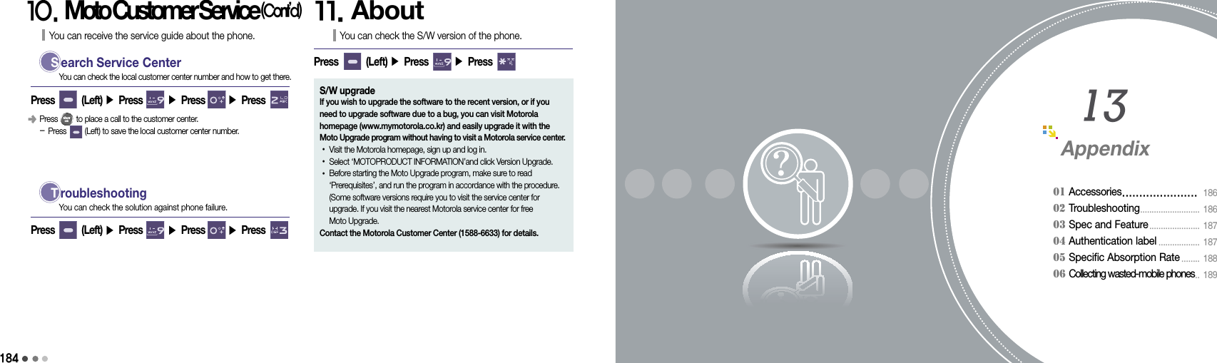 18418510. Moto Customer Service (Cont’d)You can receive the service guide about the phone.Press        (Left) ▶ Press       ▶ Press       ▶ Press      󰥺  Press         to place a call to the customer center. -  Press         (Left) to save the local customer center number. S earch Service CenterYou can check the local customer center number and how to get there.Press        (Left) ▶ Press       ▶ Press       ▶ Press       T roubleshootingYou can check the solution against phone failure.11. AboutYou can check the S/W version of the phone.Press        (Left) ▶ Press       ▶ Press             S/W upgradeIf you wish to upgrade the software to the recent version, or if you need to upgrade software due to a bug, you can visit Motorola homepage (www.mymotorola.co.kr) and easily upgrade it with the Moto Upgrade program without having to visit a Motorola service center.•Visit the Motorola homepage, sign up and log in.•  Select ‘MOTOPRODUCT INFORMATION’and click Version Upgrade.• Before starting the Moto Upgrade program, make sure to read  ‘Prerequisites’, and run the program in accordance with the procedure. (Some software versions require you to visit the service center for upgrade. If you visit the nearest Motorola service center for free  Moto Upgrade. Contact the Motorola Customer Center (1588-6633) for details.185Appendix01 Accessories ......................  18602 Troubleshooting ..........................  18603 Spec and Feature ......................  18704 Authentication label ..................  187 05 Specific Absorption Rate ........  18806 Collecting wasted-mobile phones ..  18913