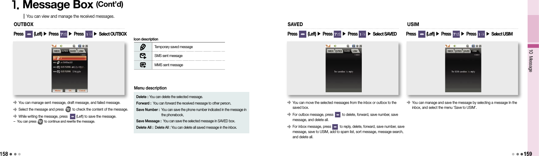 1581591591. Message Box (Cont’d)You can view and manage the received messages.󰥺  You can manage sent message, draft message, and failed message.󰥺  Select the message and press         to check the content of the message.󰥺 While writing the message, press         (Left) to save the message. - You can press         to continue and rewrite the message.OUTBOX Temporary saved message SMS sent meesage MMS sent message Icon descriptionDelete : You can delete the selected message.Forward : You can forward the received message to other person.Save Number :  You can save the phone number indicated in the message in the phonebook.Save Message : You can save the selected message in SAVED box.Delete All : Delete All : You can delete all saved message in the inbox.Menu description󰥺   You can move the selected messages from the inbox or outbox to the saved box.󰥺  For outbox message, press         to delete, forward, save number, save  message, and delete all.󰥺  For inbox message, press         to reply, delete, forward, save number, save message, save to USIM, add to spam list, sort message, message search,  and delete all.SAVED󰥺  You can manage and save the message by selecting a message In the inbox, and select the menu ‘Save to USIM’.USIM10 MessagePress        (Left) ▶ Press       ▶ Press       ▶ Select OUTBOXPress        (Left) ▶ Press       ▶ Press       ▶ Select SAVEDPress        (Left) ▶ Press       ▶ Press       ▶ Select USIM159