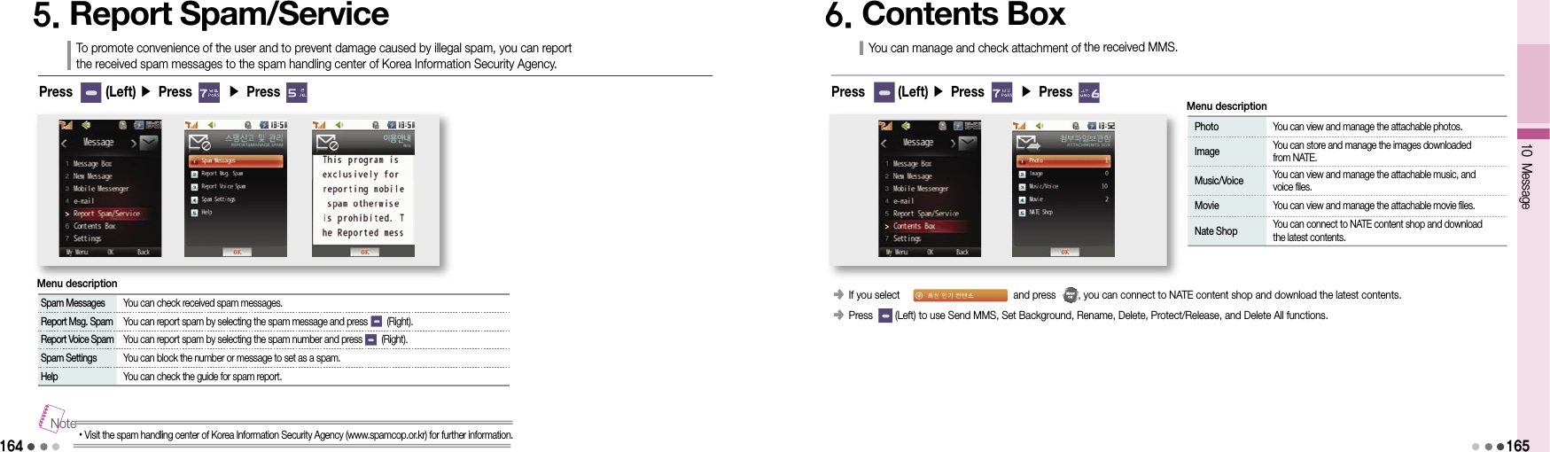 16410 Message5. Report Spam/ServiceTo promote convenience of the user and to prevent damage caused by illegal spam, you can report the received spam messages to the spam handling center of Korea Information Security Agency.Press       (Left) ▶ Press       ▶ Press       Spam Messages  You can check received spam messages.Report Msg. Spam  You can report spam by selecting the spam message and press        (Right).Report Voice Spam  You can report spam by selecting the spam number and press        (Right).Spam Settings  You can block the number or message to set as a spam.Help You can check the guide for spam report.Menu description• Visit the spam handling center of Korea Information Security Agency (www.spamcop.or.kr) for further information.Note6. Contents BoxYou can manage and check attachment of the received MMS.Press       (Left) ▶ Press       ▶ Press        Photo  You can view and manage the attachable photos. Image   You can store and manage the images downloaded  from NATE. Music/Voice   You can view and manage the attachable music, and  voice files. Movie  You can view and manage the attachable movie files. Nate Shop   You can connect to NATE content shop and download  the latest contents.Menu description󰥺  If you select                                         and press        , you can connect to NATE content shop and download the latest contents.󰥺  Press        (Left) to use Send MMS, Set Background, Rename, Delete, Protect/Release, and Delete All functions.165