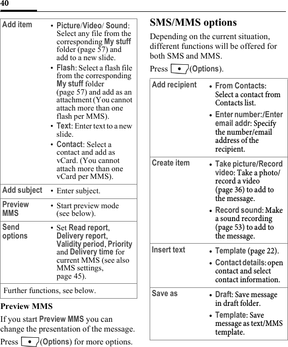 40Preview MMSIf you start Preview MMS you can change the presentation of the message.Press (Options) for more options.SMS/MMS optionsDepending on the current situation, different functions will be offered for both SMS and MMS.Press (Options).Add item •Picture/Video/ Sound: Select any file from the corresponding My stuff folder (page 57) and add to a new slide.•Flash: Select a flash file from the corresponding My stuff folder (page 57) and add as an attachment (You cannot attach more than one flash per MMS).•Text: Enter text to a new slide.•Contact: Select a contact and add as vCard. (You cannot attach more than one vCard per MMS).Add subject • Enter subject.Preview MMS • Start preview mode (see below).Send options •Set Read report, Delivery report, Validity period, Priority and Delivery time for current MMS (see also MMS settings, page 45).Further functions, see below.Add recipient •From Contacts: Select a contact from Contacts list.•Enter number:/Enter email addr: Specify the number/email address of the recipient.Create item •Take picture/Record video: Take a photo/record a video (page 36) to add to the message.•Record sound: Make a sound recording (page 53) to add to the message.Insert text •Template (page 22).•Contact details: open contact and select contact information.Save as •Draft: Save message in draft folder.•Template: Save message as text/MMS template. 