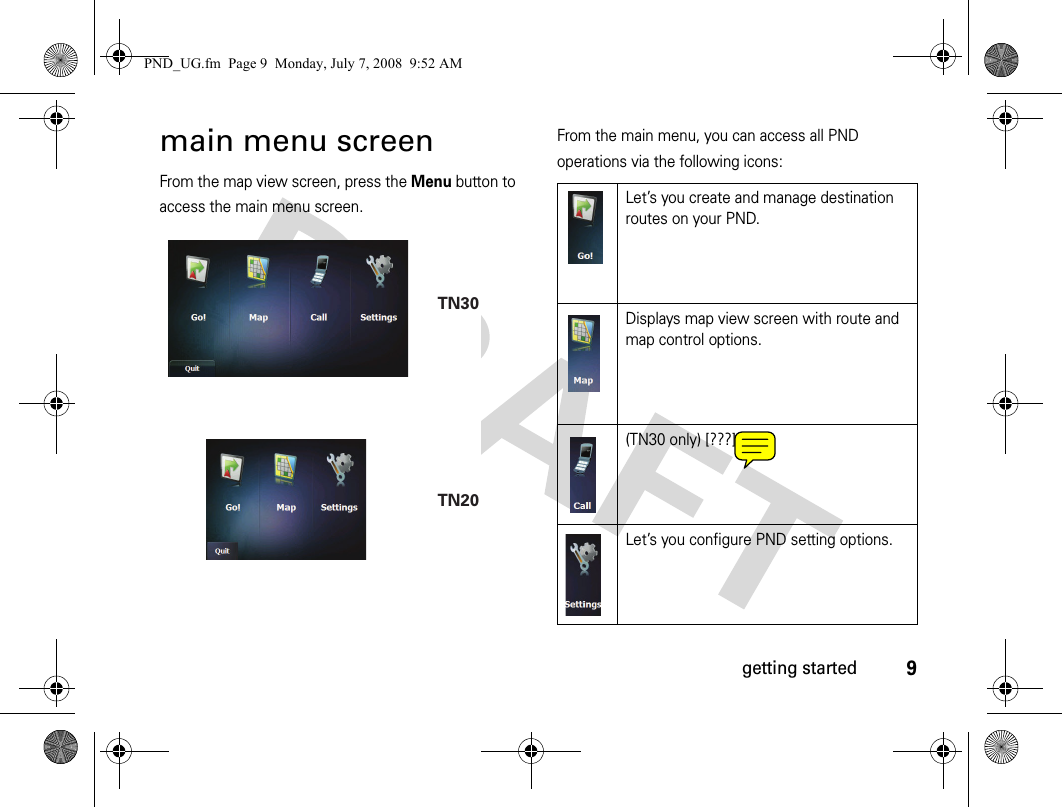 9getting startedmain menu screenFrom the map view screen, press the Menu button to access the main menu screen.From the main menu, you can access all PND operations via the following icons:TN30TN20Let’s you create and manage destination routes on your PND.Displays map view screen with route and map control options.(TN30 only) [???]Let’s you configure PND setting options.PND_UG.fm  Page 9  Monday, July 7, 2008  9:52 AM