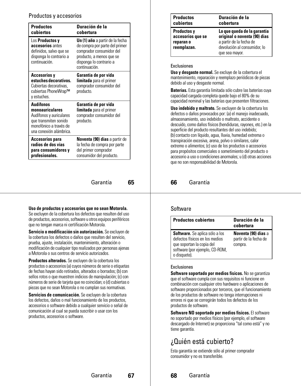 Garantía65Productos y accesoriosProductos cubiertos Duración de la coberturaLos Productos y accesorios antes definidos, salvo que se disponga lo contrario a continuación.Un (1) año a partir de la fecha de compra por parte del primer comprador consumidor del producto, a menos que se disponga lo contrario a continuación.Accesorios y estuches decorativos. Cubiertas decorativas, cubiertas PhoneWrap™ y estuches.Garantía de por vida limitada para el primer comprador consumidor del producto.Audífonos monoauriculares Audífonos y auriculares que transmiten sonido monofónico a través de una conexión alámbrica.Garantía de por vida limitada para el primer comprador consumidor del producto.Accesorios para radios de dos vías para consumidores y profesionales.Noventa (90) días a partir de la fecha de compra por parte del primer comprador consumidor del producto.66GarantíaExclusionesUso y desgaste normal. Se excluye de la cobertura el mantenimiento, reparación y reemplazo periódicos de piezas debido al uso y desgaste normal.Baterías. Esta garantía limitada sólo cubre las baterías cuya capacidad cargada completa quede bajo el 80% de su capacidad nominal y las baterías que presenten filtraciones.Uso indebido y maltrato. Se excluyen de la cobertura los defectos o daños provocados por: (a) el manejo inadecuado, almacenamiento, uso indebido o maltrato, accidente o descuido, como daños físicos (hendiduras, rayones, etc.) en la superficie del producto resultantes del uso indebido; (b) contacto con líquido, agua, lluvia, humedad extrema o transpiración excesiva, arena, polvo o similares, calor extremo o alimentos; (c) uso de los productos o accesorios para propósitos comerciales o sometimiento del producto o accesorio a uso o condiciones anormales; u (d) otras acciones que no son responsabilidad de Motorola.Productos y accesorios que se reparan o reemplazan.Lo que queda de la garantía original o noventa (90) días a partir de la fecha de devolución al consumidor, lo que sea mayor.Productos cubiertos Duración de la coberturaGarantía67Uso de productos y accesorios que no sean Motorola. Se excluyen de la cobertura los defectos que resulten del uso de productos, accesorios, software u otros equipos periféricos que no tengan marca ni certificación Motorola.Servicio o modificación sin autorización. Se excluyen de la cobertura los defectos o daños que resulten del servicio, prueba, ajuste, instalación, mantenimiento, alteración o modificación de cualquier tipo realizados por personas ajenas a Motorola o sus centros de servicio autorizados.Productos alterados. Se excluyen de la cobertura los productos o accesorios (a) cuyos números de serie o etiquetas de fechas hayan sido retirados, alterados o borrados; (b) con sellos rotos o que muestren indicios de manipulación; (c) con números de serie de tarjeta que no coincidan; o (d) cubiertas o piezas que no sean Motorola o no cumplan sus normativas.Servicios de comunicación. Se excluyen de la cobertura los defectos, daños o mal funcionamiento de los productos, accesorios o software debido a cualquier servicio o señal de comunicación al cual se pueda suscribir o usar con los productos, accesorios o software.68GarantíaSoftwareExclusionesSoftware soportado por medios físicos. No se garantiza que el software cumpla con sus requisitos ni funcione en combinación con cualquier otro hardware o aplicaciones de software proporcionados por terceros, que el funcionamiento de los productos de software no tenga interrupciones ni errores ni que se corregirán todos los defectos de los productos de software.Software NO soportado por medios físicos. El software no soportado por medios físicos (por ejemplo, el software descargado de Internet) se proporciona “tal como está” y no tiene garantía.¿Quién está cubierto?Esta garantía se extiende sólo al primer comprador consumidor y no es transferible.Productos cubiertos Duración de la coberturaSoftware. Se aplica sólo a los defectos físicos en los medios que soportan la copia del software (por ejemplo, CD-ROM, o disquete).Noventa (90) días a partir de la fecha de compra.