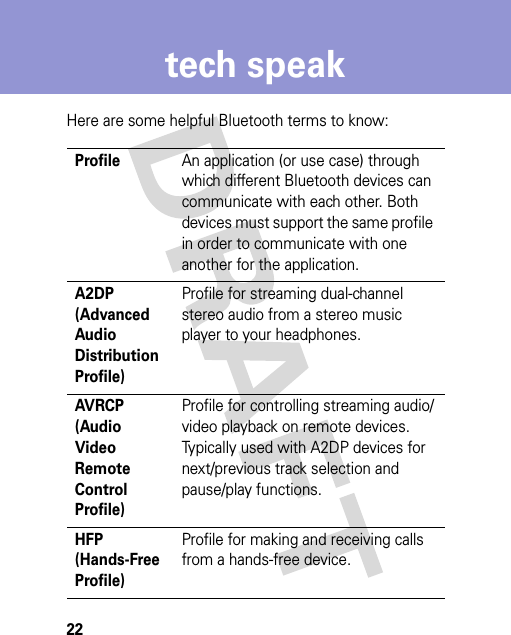 22tech speaktech speakHere are some helpful Bluetooth terms to know:ProfileAn application (or use case) through which different Bluetooth devices can communicate with each other. Both devices must support the same profile in order to communicate with one another for the application.A2DP (Advanced Audio Distribution Profile)Profile for streaming dual-channel stereo audio from a stereo music player to your headphones.AVRCP (Audio Video Remote Control Profile)Profile for controlling streaming audio/video playback on remote devices. Typically used with A2DP devices for next/previous track selection and pause/play functions.HFP (Hands-Free Profile)Profile for making and receiving calls from a hands-free device.