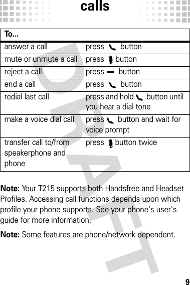 calls9callsNote: Your T215 supports both Handsfree and Headset Profiles. Accessing call functions depends upon which profile your phone supports. See your phone&apos;s user&apos;s guide for more information.Note: Some features are phone/network dependent.To...answer a call press   buttonmute or unmute a call press  buttonreject a call press Ï buttonend a call press   buttonredial last call press and hold   button until you hear a dial tonemake a voice dial call press   button and wait for voice prompttransfer call to/from speakerphone and phonepress button twice