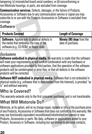 20tampering; (c) mismatched board serial numbers; or (d) nonconforming or non-Motorola housings, or parts, are excluded from coverage.Communication services. Defects, damages, or the failure of Products, Accessories or Software due to any communication service or signal you may subscribe to or use with the Products Accessories or Software is excluded from coverage.SoftwareExclusionsSoftware embodied in physical media. No warranty is made that the software will meet your requirements or will work in combination with any hardware or software applications provided by third parties, that the operation of the software products will be uninterrupted or error free, or that all defects in the software products will be corrected.Software NOT embodied in physical media. Software that is not embodied in physical media (e.g. software that is downloaded from the Internet), is provided “as is” and without warranty.Who is Covered?This warranty extends only to the first consumer purchaser, and is not transferable.What Will Motorola Do?Motorola, at its option, will at no charge repair, replace or refund the purchase price of any Products, Accessories or Software that does not conform to this warranty. We may use functionally equivalent reconditioned/refurbished/pre-owned or new Products, Accessories or parts. No data, software or applications added to your Product, Accessory or Software, including but not limited to personal contacts, Products Covered Length of CoverageSoftware. Applies only to physical defects in the media that embodies the copy of the software (e.g. CD-ROM, or floppy disk).Ninety (90) days from the date of purchase.