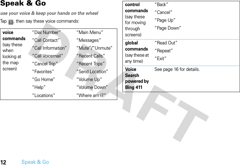 12Speak &amp; GoSpeak &amp; Gouse your voice &amp; keep your hands on the wheelTap  , then say these voice commands:voice commands (say these when looking at the map screen)“Dial Number”“Call Contact”“Call Information”“Call Voicemail”“Cancel Trip”“Favorites”“Go Home”“Help”“Locations”“Main Menu”“Messages”“Mute”/”Unmute”“Recent Calls”“Recent Trips”“Send Location”“Volume Up”“Volume Down”“Where am I?”control commands (say these for moving through screens)“Back”“Cancel”“Page Up”“Page Down”global commands (say these at any time)“Read Out”“Repeat”“Exit”Voice Search powered by Bing 411 See page 16 for details.