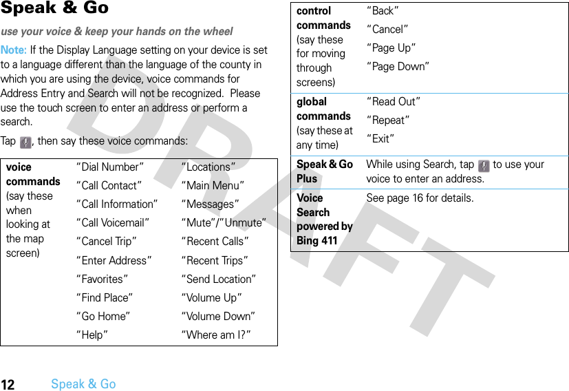 12Speak &amp; GoSpeak &amp; Gouse your voice &amp; keep your hands on the wheelNote: If the Display Language setting on your device is set to a language different than the language of the county in which you are using the device, voice commands for Address Entry and Search will not be recognized.  Please use the touch screen to enter an address or perform a search. Tap  , then say these voice commands:voice commands (say these when looking at the map screen)“Dial Number”“Call Contact”“Call Information”“Call Voicemail”“Cancel Trip”“Enter Address”“Favorites”“Find Place”“Go Home”“Help”“Locations”“Main Menu”“Messages”“Mute”/”Unmute”“Recent Calls”“Recent Trips”“Send Location”“Volume Up”“Volume Down”“Where am I?”control commands (say these for moving through screens)“Back”“Cancel”“Page Up”“Page Down”global commands (say these at any time)“Read Out”“Repeat”“Exit”Speak &amp; Go PlusWhile using Search, tap   to use your voice to enter an address.Voice Search powered by Bing 411 See page 16 for details.
