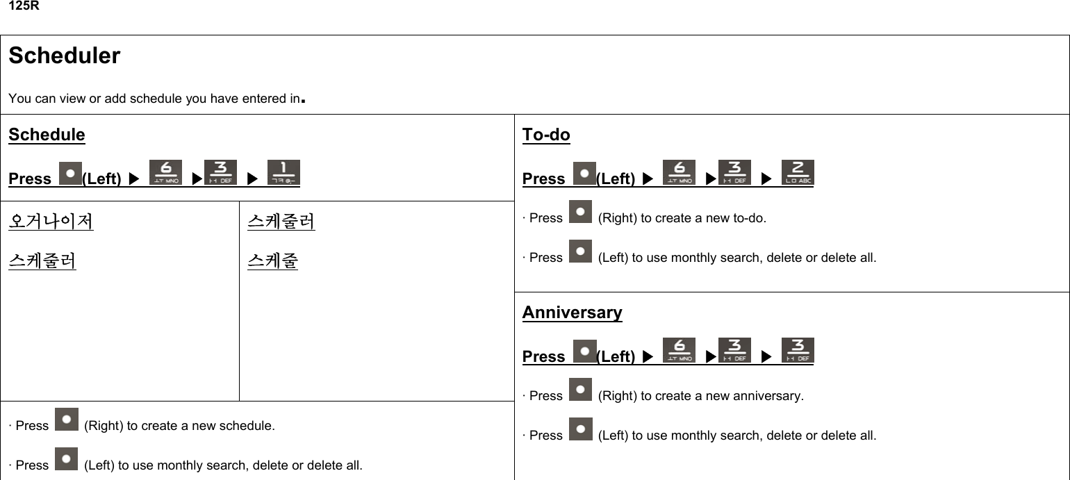 125R  Scheduler You can view or add schedule you have entered in. Schedule Press  (Left) ▶    ▶  ▶ To-do Press  (Left) ▶    ▶  ▶ · Press    (Right) to create a new to-do. · Press    (Left) to use monthly search, delete or delete all.  오거나이저 스케줄러 스케줄러 스케줄 · Press    (Right) to create a new schedule. · Press    (Left) to use monthly search, delete or delete all. Anniversary Press  (Left) ▶    ▶  ▶ · Press    (Right) to create a new anniversary. · Press    (Left) to use monthly search, delete or delete all.            