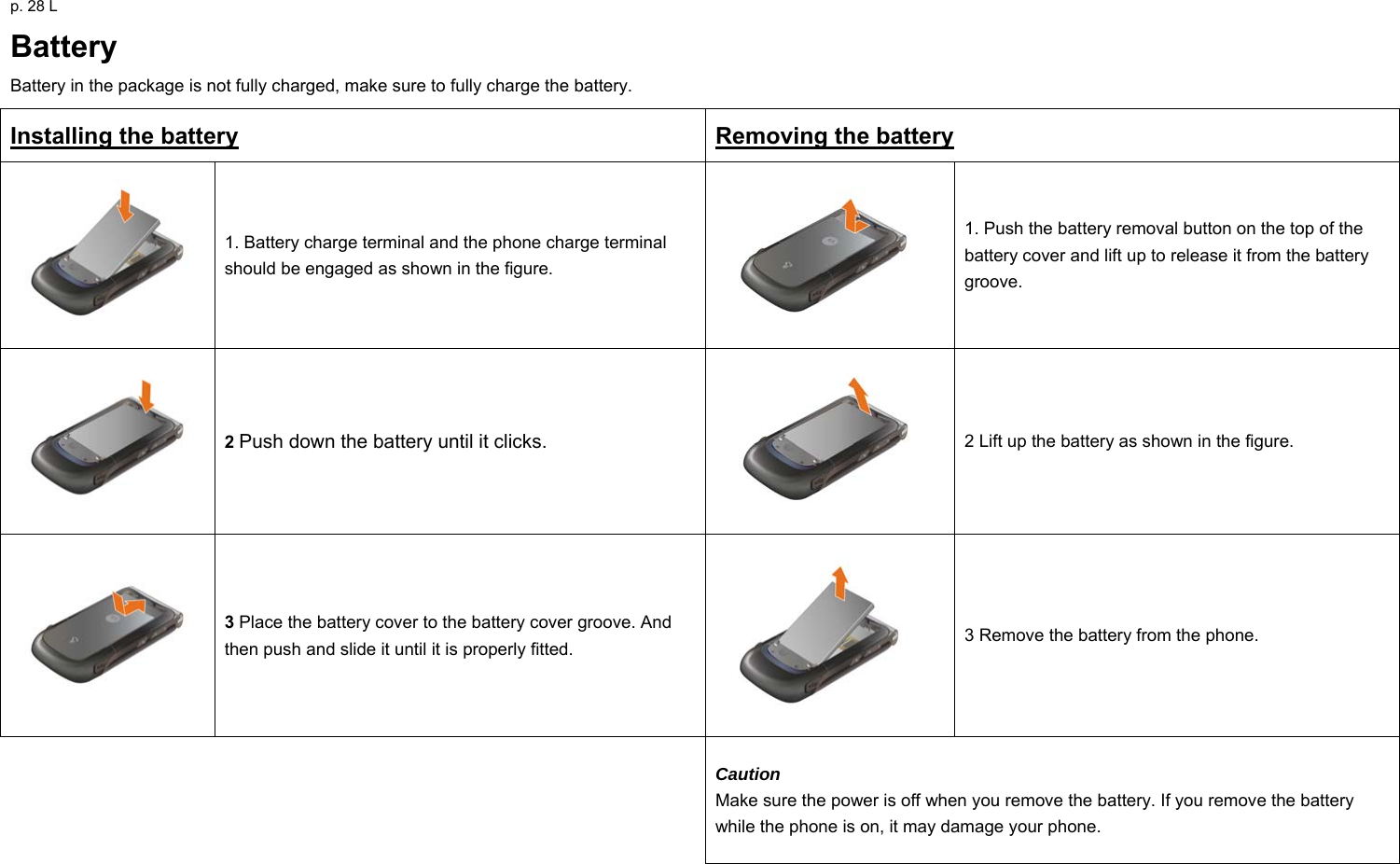 p. 28 L Battery Battery in the package is not fully charged, make sure to fully charge the battery.   Installing the battery  Removing the battery 1. Battery charge terminal and the phone charge terminal should be engaged as shown in the figure.  1. Push the battery removal button on the top of the battery cover and lift up to release it from the battery groove. 2 Push down the battery until it clicks. 2 Lift up the battery as shown in the figure.   3 Place the battery cover to the battery cover groove. And then push and slide it until it is properly fitted.  3 Remove the battery from the phone. Caution Make sure the power is off when you remove the battery. If you remove the battery while the phone is on, it may damage your phone. 