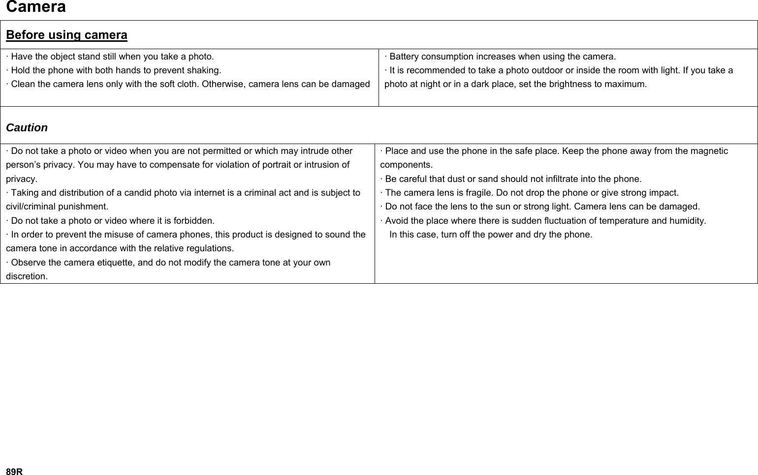 Camera Before using camera · Have the object stand still when you take a photo. · Hold the phone with both hands to prevent shaking. · Clean the camera lens only with the soft cloth. Otherwise, camera lens can be damaged· Battery consumption increases when using the camera. · It is recommended to take a photo outdoor or inside the room with light. If you take a photo at night or in a dark place, set the brightness to maximum.  Caution · Do not take a photo or video when you are not permitted or which may intrude other person’s privacy. You may have to compensate for violation of portrait or intrusion of privacy. · Taking and distribution of a candid photo via internet is a criminal act and is subject to civil/criminal punishment. · Do not take a photo or video where it is forbidden. · In order to prevent the misuse of camera phones, this product is designed to sound the camera tone in accordance with the relative regulations. · Observe the camera etiquette, and do not modify the camera tone at your own discretion. · Place and use the phone in the safe place. Keep the phone away from the magnetic components. · Be careful that dust or sand should not infiltrate into the phone. · The camera lens is fragile. Do not drop the phone or give strong impact. · Do not face the lens to the sun or strong light. Camera lens can be damaged. · Avoid the place where there is sudden fluctuation of temperature and humidity.     In this case, turn off the power and dry the phone.              89R 