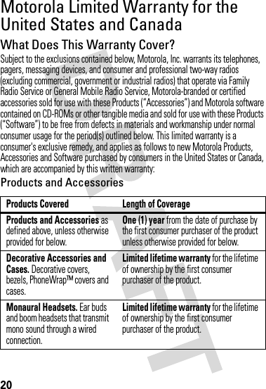 20Motorola Limited Warranty for the United States and CanadaWarrantyWhat Does This Warranty Cover?Subject to the exclusions contained below, Motorola, Inc. warrants its telephones, pagers, messaging devices, and consumer and professional two-way radios (excluding commercial, government or industrial radios) that operate via Family Radio Service or General Mobile Radio Service, Motorola-branded or certified accessories sold for use with these Products (“Accessories”) and Motorola software contained on CD-ROMs or other tangible media and sold for use with these Products (“Software”) to be free from defects in materials and workmanship under normal consumer usage for the period(s) outlined below. This limited warranty is a consumer&apos;s exclusive remedy, and applies as follows to new Motorola Products, Accessories and Software purchased by consumers in the United States or Canada, which are accompanied by this written warranty:Products and AccessoriesProducts Covered Length of CoverageProducts and Accessories as defined above, unless otherwise provided for below.One (1) year from the date of purchase by the first consumer purchaser of the product unless otherwise provided for below.Decorative Accessories and Cases. Decorative covers, bezels, PhoneWrap™ covers and cases.Limited lifetime warranty for the lifetime of ownership by the first consumer purchaser of the product.Monaural Headsets. Ear buds and boom headsets that transmit mono sound through a wired connection.Limited lifetime warranty for the lifetime of ownership by the first consumer purchaser of the product.