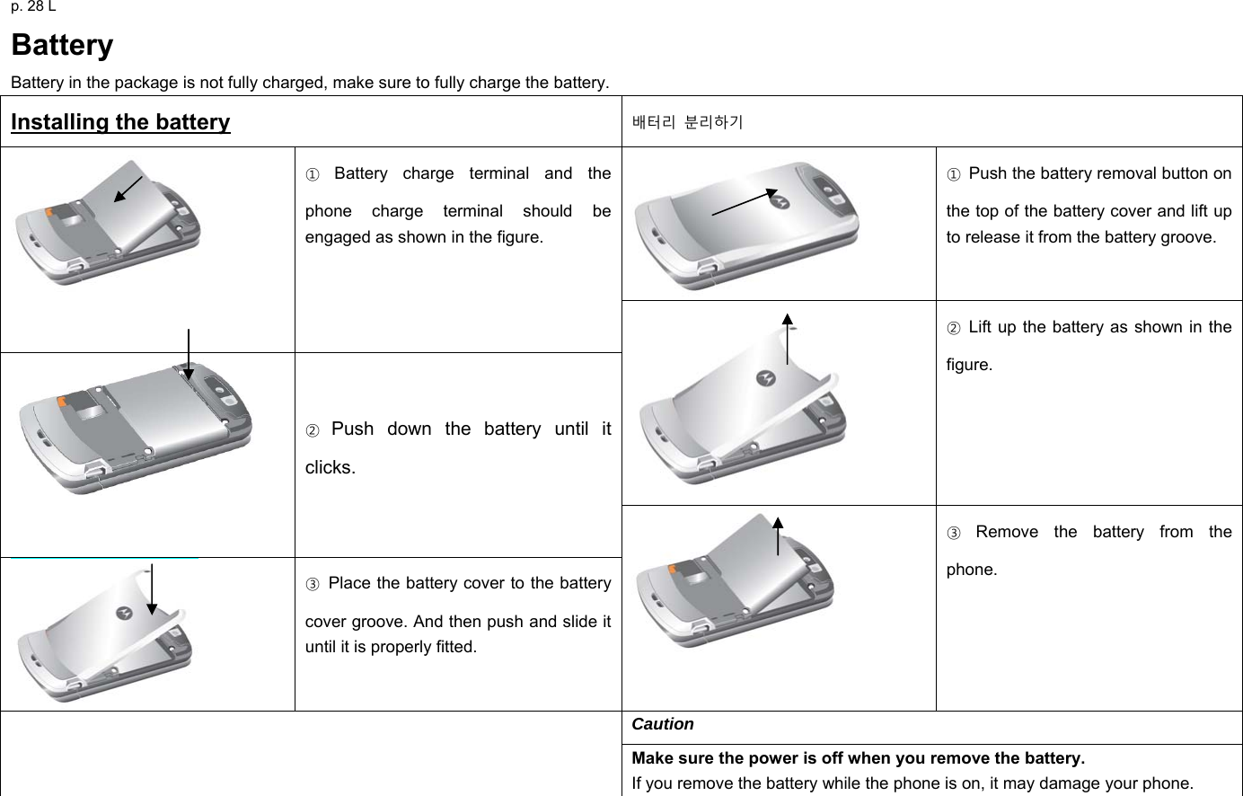 p. 28 L Battery Battery in the package is not fully charged, make sure to fully charge the battery. Installing the battery 배터리  분리하기  ①  Push the battery removal button on the top of the battery cover and lift up to release it from the battery groove.   ①  Battery charge terminal and the phone charge terminal should be engaged as shown in the figure.  ②  Lift up the battery as shown in the figure.    ②  Push down the battery until it clicks.  ③  Place the battery cover to the battery cover groove. And then push and slide it until it is properly fitted.  ③  Remove the battery from the phone. Caution  Make sure the power is off when you remove the battery.  If you remove the battery while the phone is on, it may damage your phone. 