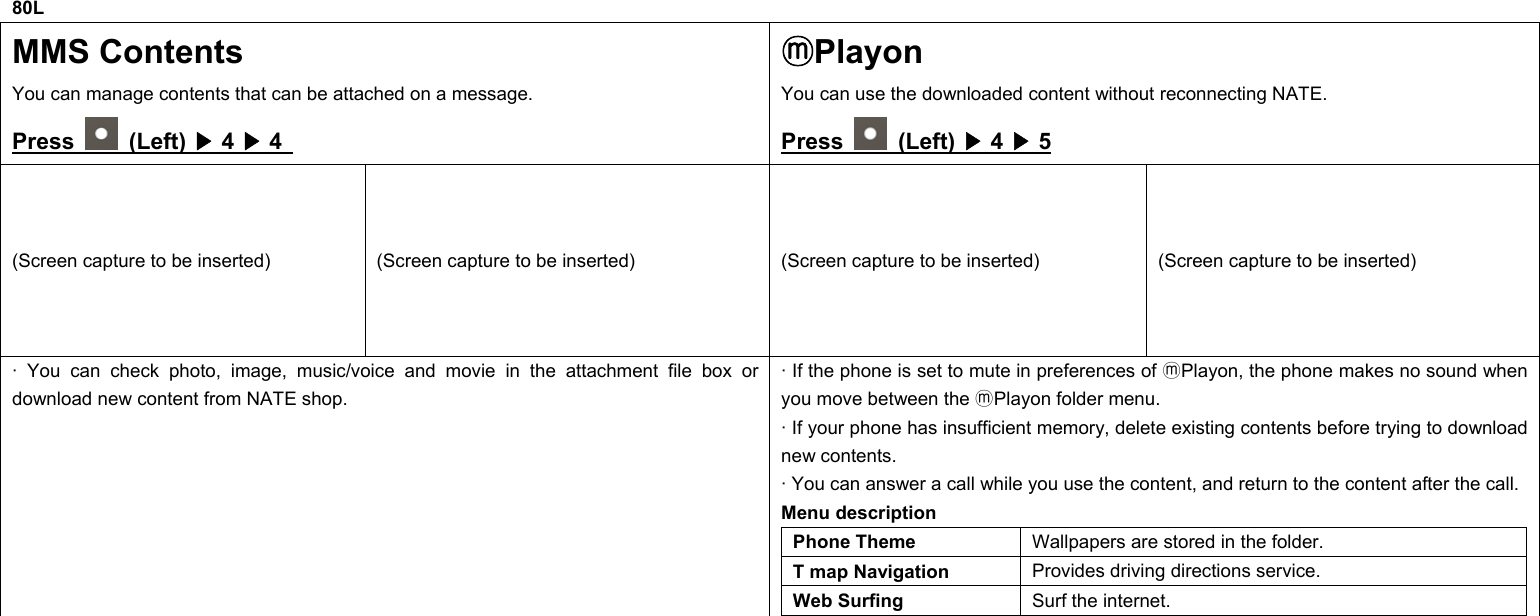 80L MMS Contents You can manage contents that can be attached on a message. Press   (Left) ▶ 4 ▶ 4   Playonⓜ You can use the downloaded content without reconnecting NATE. Press   (Left) ▶ 4 ▶ 5 (Screen capture to be inserted)  (Screen capture to be inserted)  (Screen capture to be inserted)  (Screen capture to be inserted) · You can check photo, image, music/voice and movie in the attachment file box or download new content from NATE shop. · If the phone is set to mute in preferences of  Playon, the phone makes no sound when ⓜyou move between the  Playon folder menu.ⓜ · If your phone has insufficient memory, delete existing contents before trying to download new contents. · You can answer a call while you use the content, and return to the content after the call. Menu description Phone Theme  Wallpapers are stored in the folder. T map Navigation  Provides driving directions service. Web Surfing    Surf the internet.               