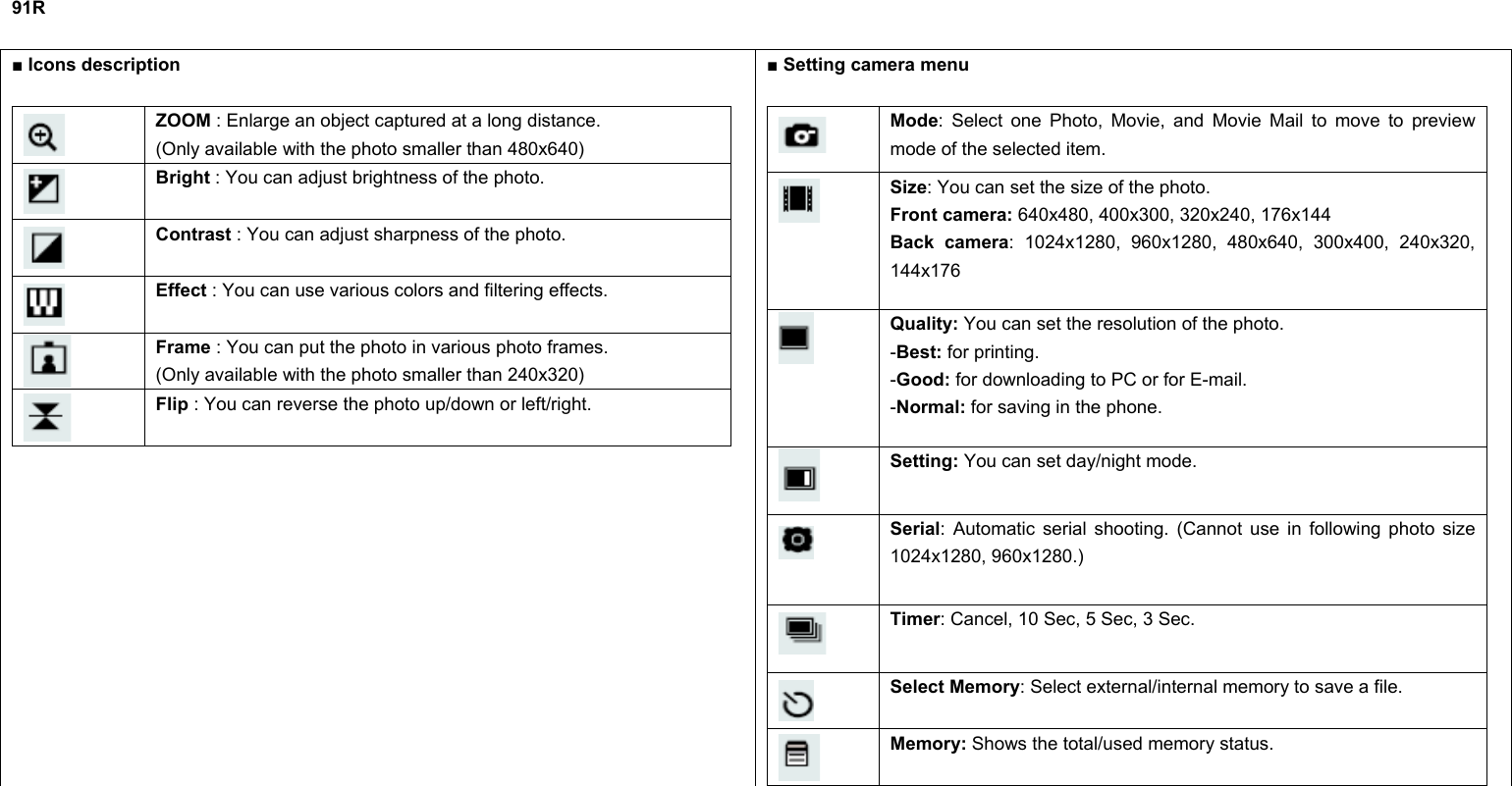  91R  ■ Icons description   ZOOM : Enlarge an object captured at a long distance. (Only available with the photo smaller than 480x640)  Bright : You can adjust brightness of the photo.  Contrast : You can adjust sharpness of the photo.  Effect : You can use various colors and filtering effects.  Frame : You can put the photo in various photo frames. (Only available with the photo smaller than 240x320)  Flip : You can reverse the photo up/down or left/right.  ■ Setting camera menu   Mode: Select one Photo, Movie, and Movie Mail to move to preview mode of the selected item.  Size: You can set the size of the photo. Front camera: 640x480, 400x300, 320x240, 176x144 Back camera: 1024x1280, 960x1280, 480x640, 300x400, 240x320, 144x176  Quality: You can set the resolution of the photo. -Best: for printing. -Good: for downloading to PC or for E-mail. -Normal: for saving in the phone.  Setting: You can set day/night mode.  Serial: Automatic serial shooting. (Cannot use in following photo size 1024x1280, 960x1280.)  Timer: Cancel, 10 Sec, 5 Sec, 3 Sec.  Select Memory: Select external/internal memory to save a file.  Memory: Shows the total/used memory status.        