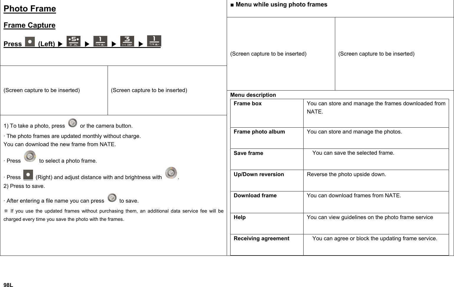 ■ Menu while using photo frames Photo Frame  Frame Capture Press   (Left)   ▶  ▶  ▶  ▶ (Screen capture to be inserted)  (Screen capture to be inserted) (Screen capture to be inserted)  (Screen capture to be inserted) 1) To take a photo, press    or the camera button. · The photo frames are updated monthly without charge. You can download the new frame from NATE. · Press    to select a photo frame. · Press    (Right) and adjust distance with and brightness with  . 2) Press to save. · After entering a file name you can press   to save.  If you use the updated frames without purchasing them, an additional data servic※e fee will be charged every time you save the photo with the frames. Menu description Frame box  You can store and manage the frames downloaded from NATE. Frame photo album  You can store and manage the photos. Save frame  You can save the selected frame. Up/Down reversion  Reverse the photo upside down. Download frame  You can download frames from NATE. Help  You can view guidelines on the photo frame service Receiving agreement  You can agree or block the updating frame service.     98L 