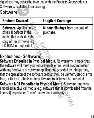 DRAFT - MOTOROLA CONFIDENTIAL&amp; PROPRIETARY INFORMATION41signal you may subscribe to or use with the Products Accessories or Software is excluded from coverage.SoftwareExclusions (Software)Software Embodied in Physical Media. No warranty is made that the software will meet your requirements or will work in combination with any hardware or software applications provided by third parties, that the operation of the software products will be uninterrupted or error free, or that all defects in the software products will be corrected.Software NOT Embodied in Physical Media. Software that is not embodied in physical media (e.g. software that is downloaded from the Internet), is provided “as is” and without warranty.Products Covered Length of CoverageSoftware. Applies only to physical defects in the media that embodies the copy of the software (e.g. CD-ROM, or floppy disk).Ninety (90) days from the date of purchase.