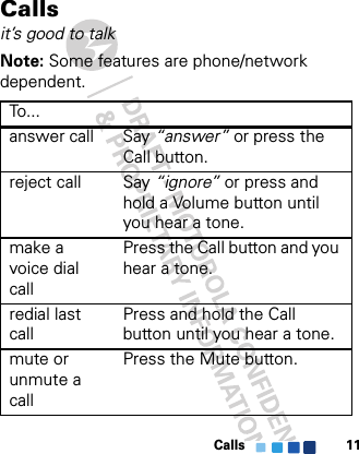 Calls 11Callsit’s good to talkNote: Some features are phone/network dependent.To . ..answer call Say “answer” or press the Call button.reject call Say “ignore” or press and hold a Volume button until you hear a tone.make a voice dial callPress the Call button and you hear a tone.redial last callPress and hold the Call button until you hear a tone. mute or unmute a callPress the Mute button.