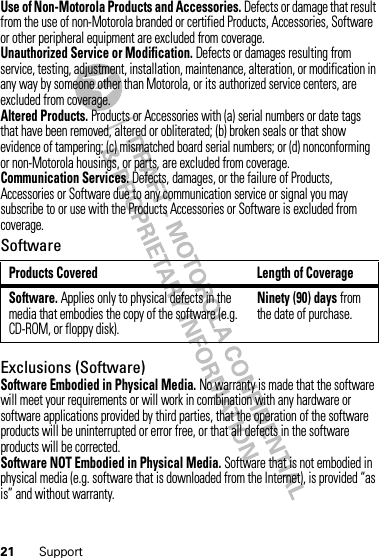 21 SupportUse of Non-Motorola Products and Accessories. Defects or damage that result from the use of non-Motorola branded or certified Products, Accessories, Software or other peripheral equipment are excluded from coverage.Unauthorized Service or Modification. Defects or damages resulting from service, testing, adjustment, installation, maintenance, alteration, or modification in any way by someone other than Motorola, or its authorized service centers, are excluded from coverage.Altered Products. Products or Accessories with (a) serial numbers or date tags that have been removed, altered or obliterated; (b) broken seals or that show evidence of tampering; (c) mismatched board serial numbers; or (d) nonconforming or non-Motorola housings, or parts, are excluded from coverage.Communication Services. Defects, damages, or the failure of Products, Accessories or Software due to any communication service or signal you may subscribe to or use with the Products Accessories or Software is excluded from coverage.SoftwareExclusions (Software)Software Embodied in Physical Media. No warranty is made that the software will meet your requirements or will work in combination with any hardware or software applications provided by third parties, that the operation of the software products will be uninterrupted or error free, or that all defects in the software products will be corrected.Software NOT Embodied in Physical Media. Software that is not embodied in physical media (e.g. software that is downloaded from the Internet), is provided “as is” and without warranty.Products Covered Length of CoverageSoftware. Applies only to physical defects in the media that embodies the copy of the software (e.g. CD-ROM, or floppy disk).Ninety (90) days from the date of purchase.