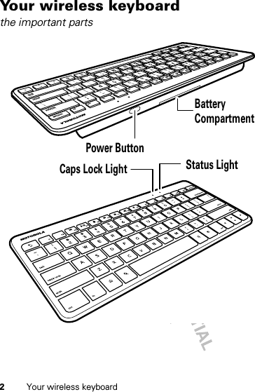 2Your wireless keyboardYour wireless keyboardthe important partsCaps Lock Light Status LightBatteryCompartmentPower Button