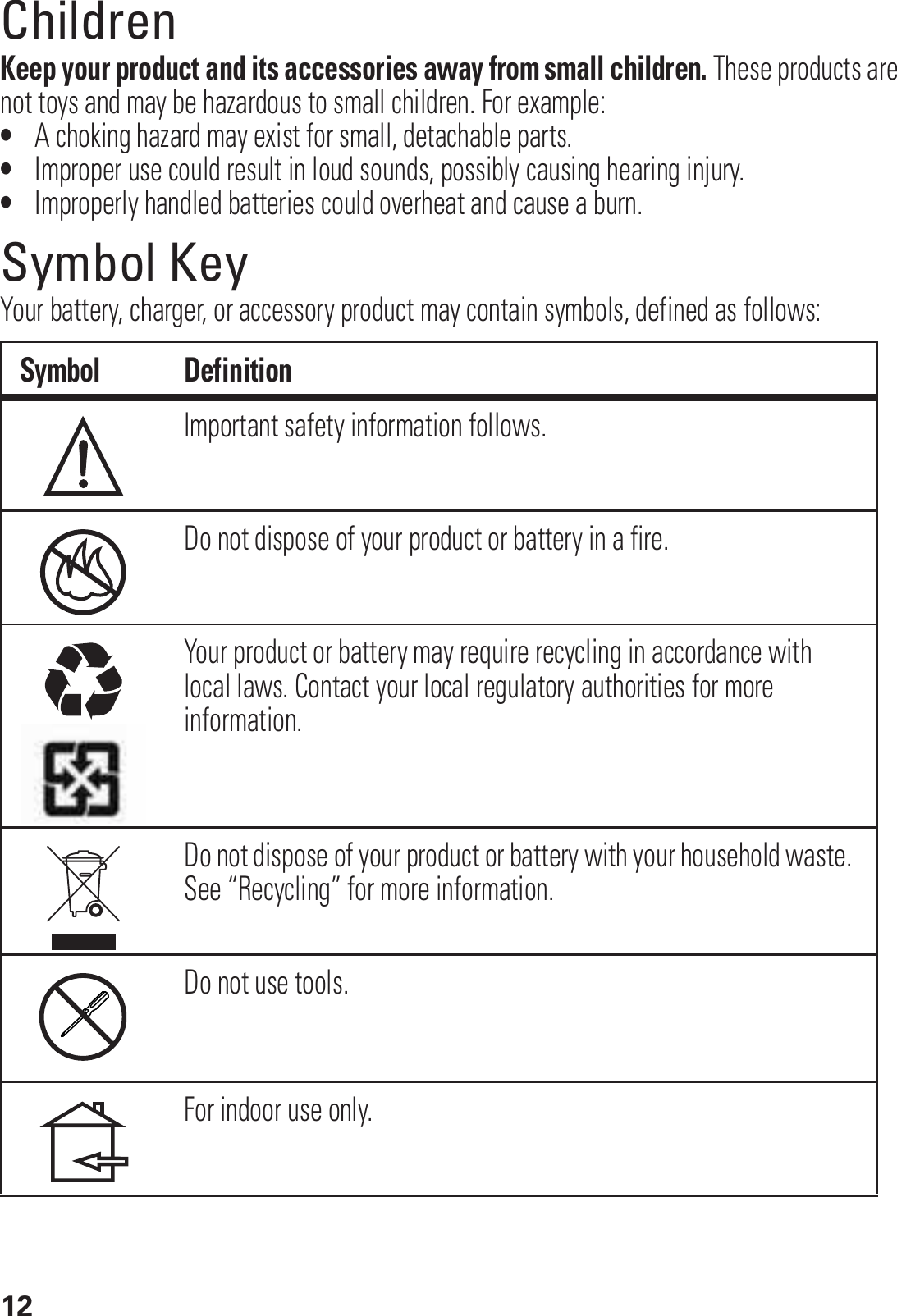 12ChildrenKeep your product and its accessories away from small children. These products are not toys and may be hazardous to small children. For example:•A choking hazard may exist for small, detachable parts.•Improper use could result in loud sounds, possibly causing hearing injury.•Improperly handled batteries could overheat and cause a burn.Symbol KeyYour battery, charger, or accessory product may contain symbols, defined as follows:Symbol DefinitionImportant safety information follows.Do not dispose of your product or battery in a fire.Your product or battery may require recycling in accordance with local laws. Contact your local regulatory authorities for more information.Do not dispose of your product or battery with your household waste. See “Recycling” for more information.Do not use tools.For indoor use only.032374o032376o032375o